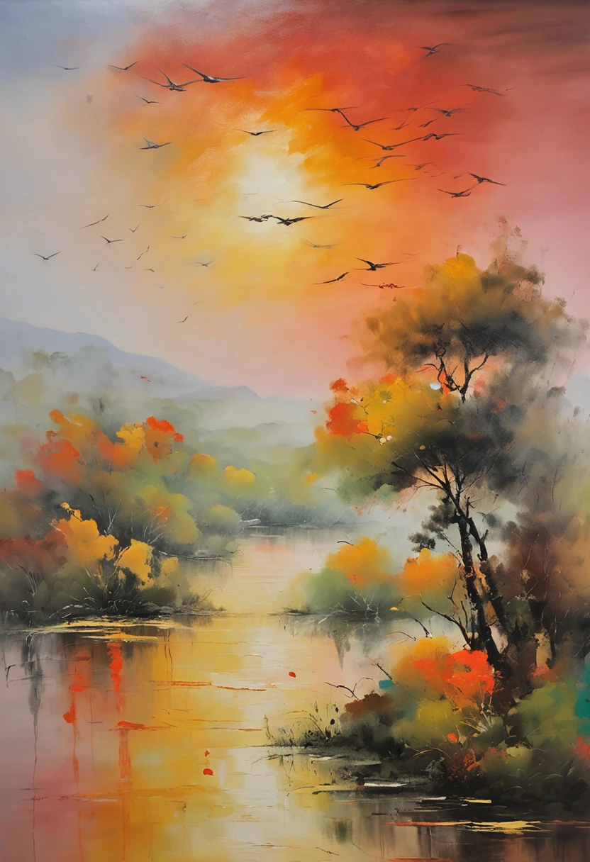 ((masterpiece)), ((best quality)), 8k, high detailed, ultra-detailed, evening light ,Simple colors,Chinese landscape painting style,one duck flying in the sunset,reflection, autumn, river, vast sky, merging, serene, harmonious, peaceful