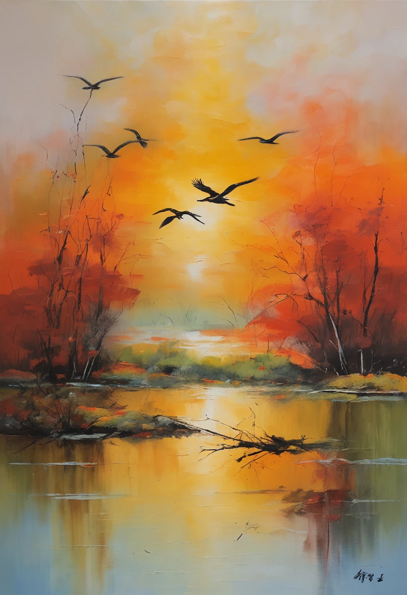 ((masterpiece)), ((best quality)), 8k, high detailed, ultra-detailed, evening light ,Simple colors,Chinese landscape painting style,one duck flying in the sunset,reflection, autumn, river, vast sky, merging, serene, harmonious, peaceful