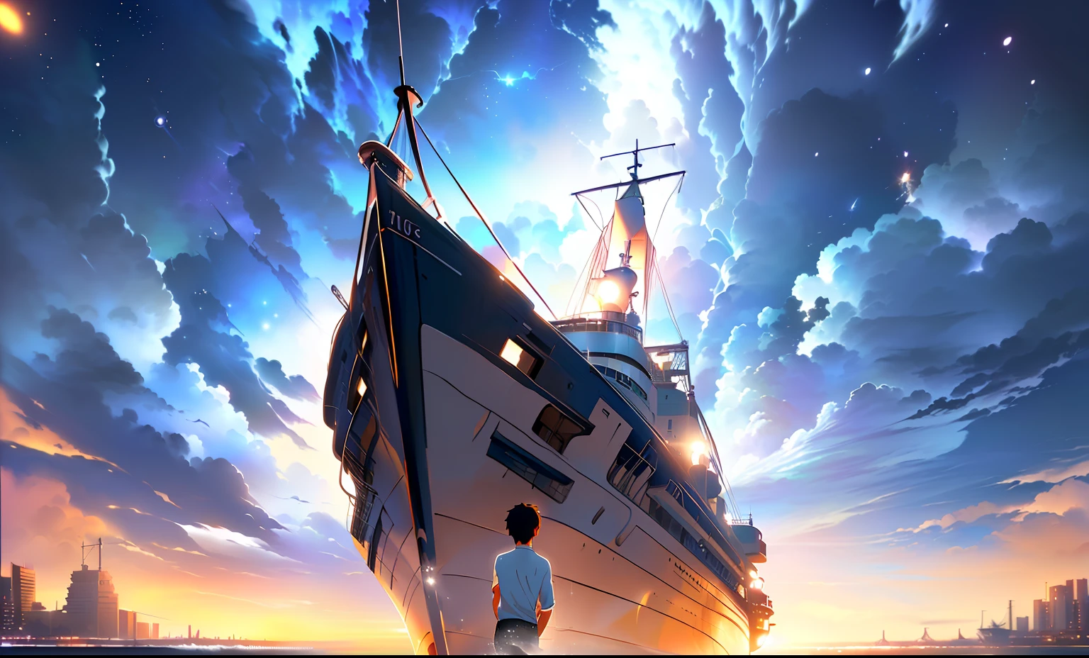 Anime scene of a ship in the ocean with a man standing on the shore, Makoto Shinkai Cyril Rolando, Anime epic artwork, Inspired by Cyril Rolando, amazing wallpapers, ( ( Makoto Shinkai ) ), a ship lost in a storm, Makoto Shinkai!!, Makoto Shinkai!, Makoto Shinkai. —h 2160