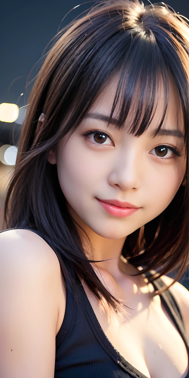 1 Girl, Tokyo Street,night, Streetscape,City lights,Upper Body,close,smile,, (8K, Raw photo, highest quality, masterpiece:1.2),(Realistic, photo-Realistic:1.37),