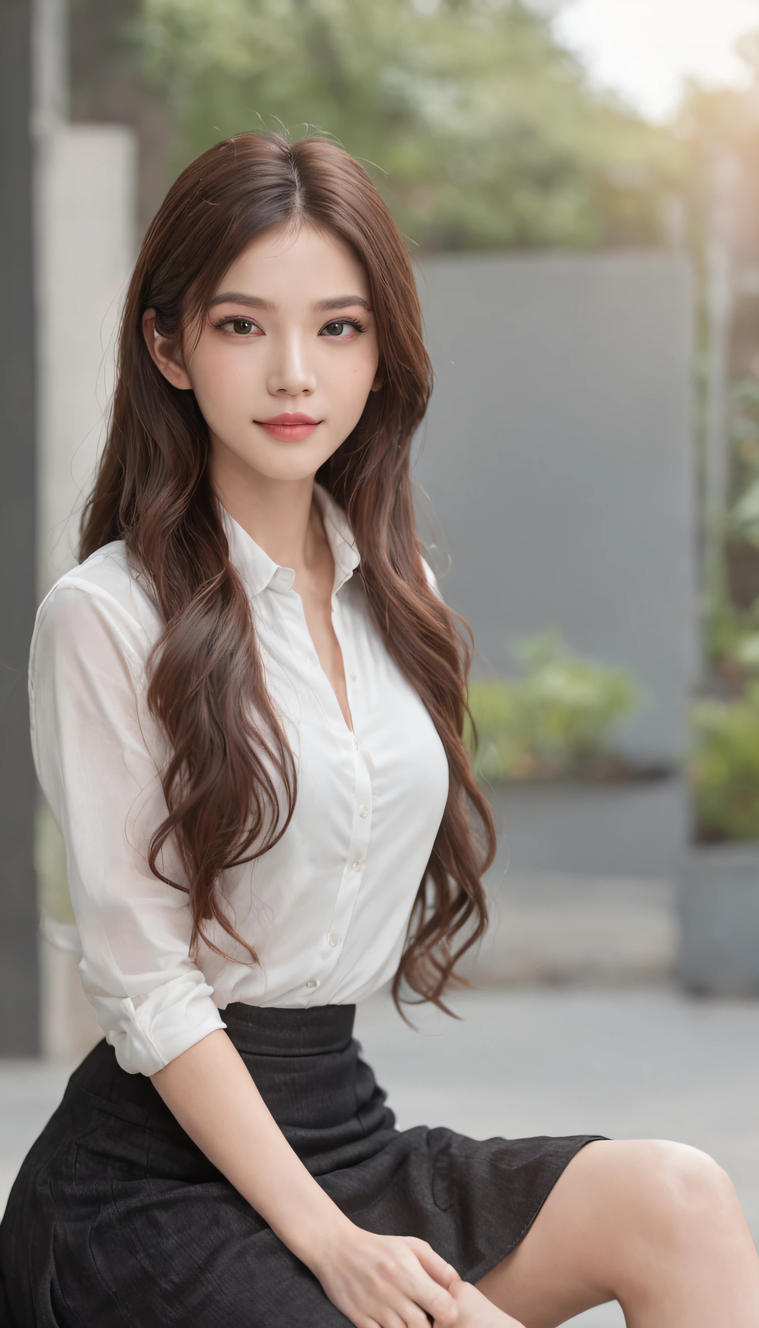best qualtiy,tmasterpiece,超高分辨率,(photorealestic),(realisticlying:1.4),RAW photogr,1girll,(Full body photo,inside in room,sit on chair,legs crossed),good-looking face,slim,dignified,Small Fresh,(White color blouse,black short skirt),ssmile,cabelos preto e longos,Beautiful hair accessories,Beautiful teenage girl,Detailed scenes, Beautiful digital illustration, the detail,Hyper-detailed, Cinematic quality, (Beauty and aesthetics,big breasts beautiful),correct hand,anatomy correct, ((from below))