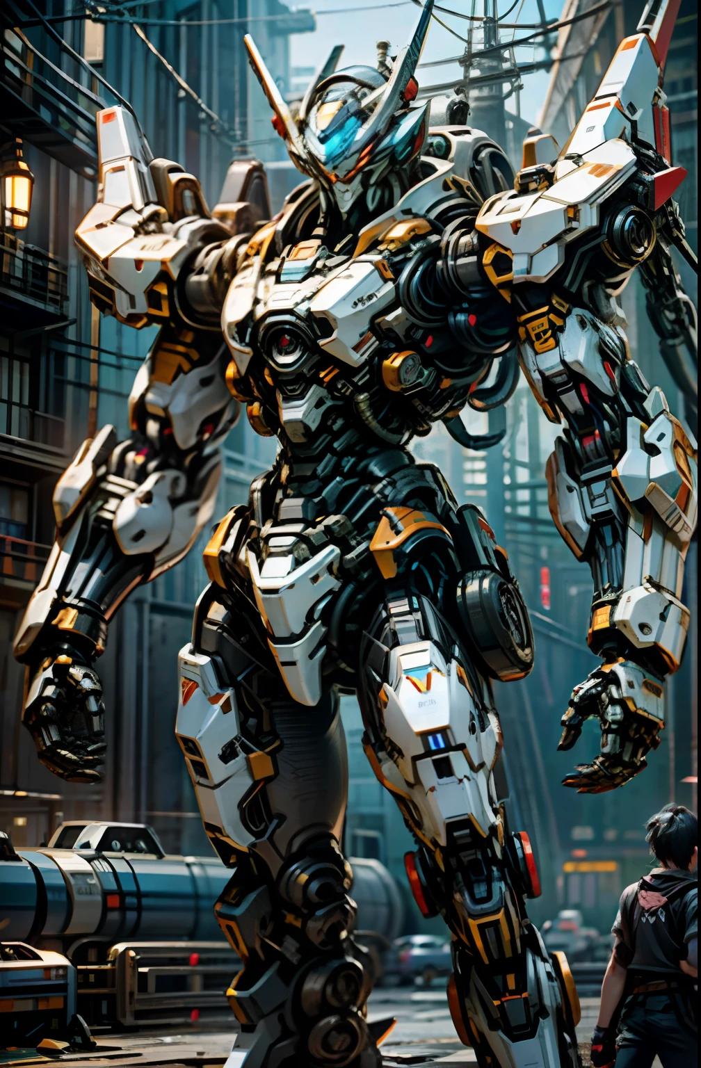 Dark_Fantasy,Cyberpunk,(chain saw,chain saw man,Red:1.1),1man,Mechanical marvel,Robotic presence,Cybernetic guardian,wearing a worn-out mech suit，iintricate，（Steel metal[rusted]），ellegance，Clear focus，Photo by Greg Rutkowski，gentlesoftlighting，Composed of azure and purple，Dotted with a small amount of silvery-white，tmasterpiece，（（the street）），cow boy shot，dynamicposes，Blue laser