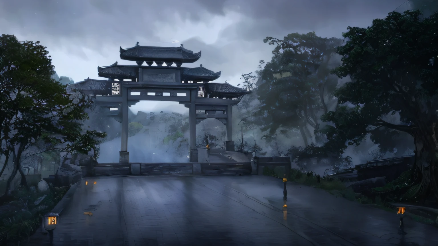 rainy sky、There is a road up the hill,In the middle of the road there is a building resembling a mountain gate or archway,The road is flanked by woods,Film and television concept,game concept、Scene atmosphere map,Soul of Tsushima style