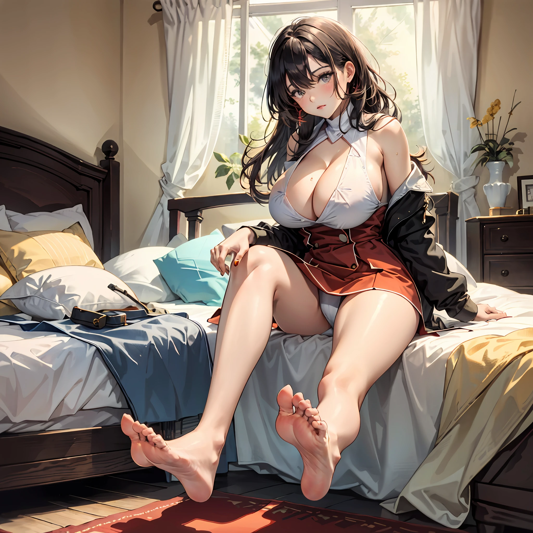 Beatifull women, in bedroom, big breast, sat on bed, view from feet, soles, visible soles, visible feet, fit phisique