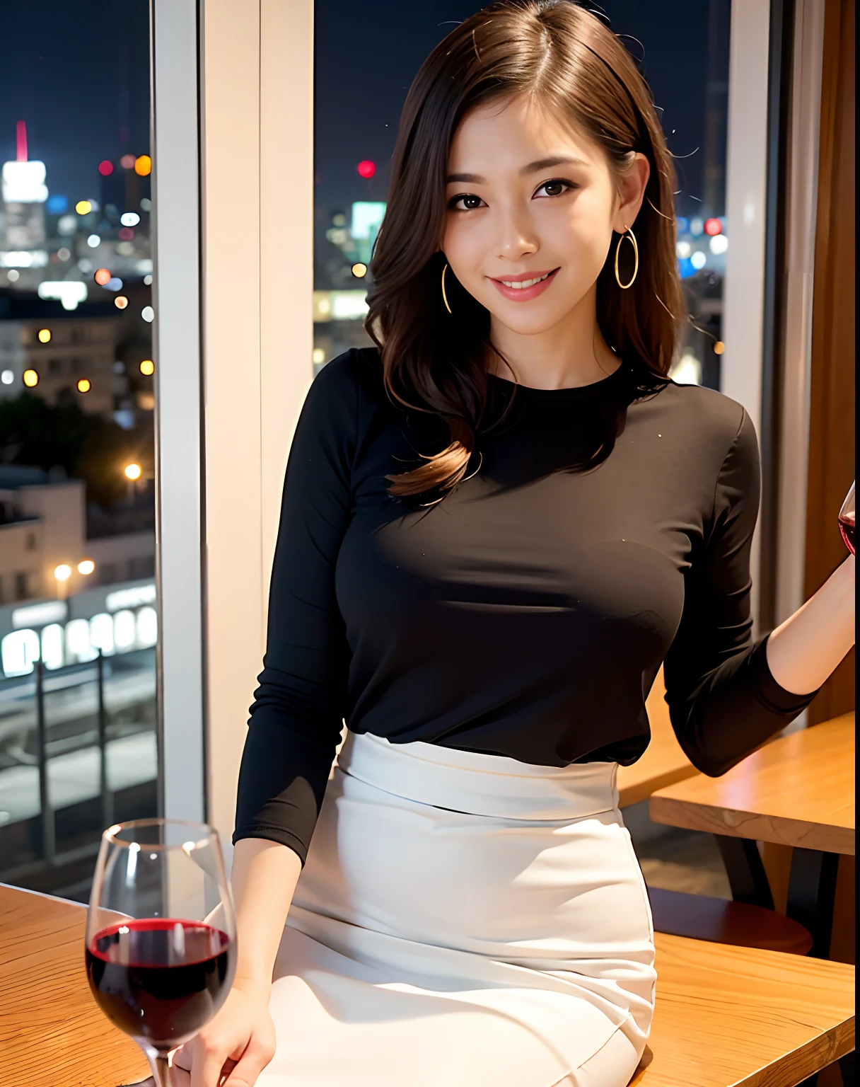 (64K, UHD, top quality, masterpiece: 1.2), (realistic, photorealistic: 1.37), super detailed, pretty woman 1 person, (slim face), (slim body), (brown hair), (short cut), cheeks slightly blushing, (44 years old), 38 years old, solo, beautiful detailed urban night view outside the window, restaurant, wine glasses sit, at night, in a prominent placeNovaFrogStyle, Actress, Model, Waist Up, White Wine, Slim, Wine Glass, Super Clean Night View, Wine Glass Put in the Middle, Happy Smile, (Smile: 1.15), Beautiful Fine Eyes, Upper Body, Bust Japan Up, Night, Short, Short, Actress, Model, Waist Up, White Wine, Slim, Wine Glass, Super Clean Night View, Wine Glass Put in the Middle, Happy Smile,