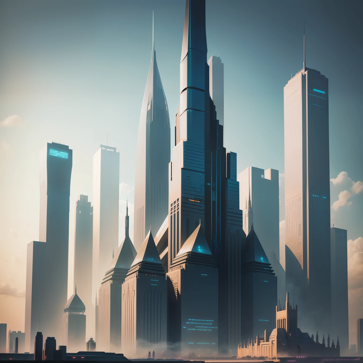 Skyscrapers　cyberpunked　epcot　top-quality　​masterpiece　超A high resolution　Skyscrapers towering above the ground　Sci-Fi Art　Huge castle