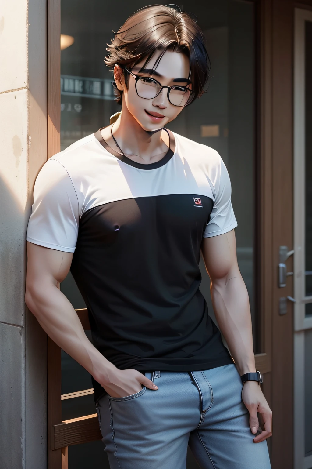 The male protagonist Li Ming is wearing a white T-shirt and jeans,Wearing a pair of black glasses,The smile is bright,Looks sunny and handsome
