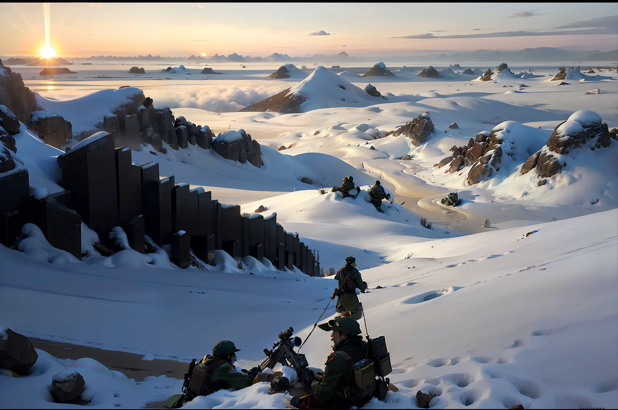 (A high resolution，hyper HD，awardwinning，high detal，Best quality detailed，16k，high qulity，The is very detailed，Cinematic lighting effects，Outdoor Sketching，ultra hd photo），Excellent image quality，Realistic details，RAW photo of the landscape，Small details are realistic，Big Sun，snow mountains，rios，A group of PLA patrol soldiers armed with assault rifles，realisticlying，Extreme picture quality