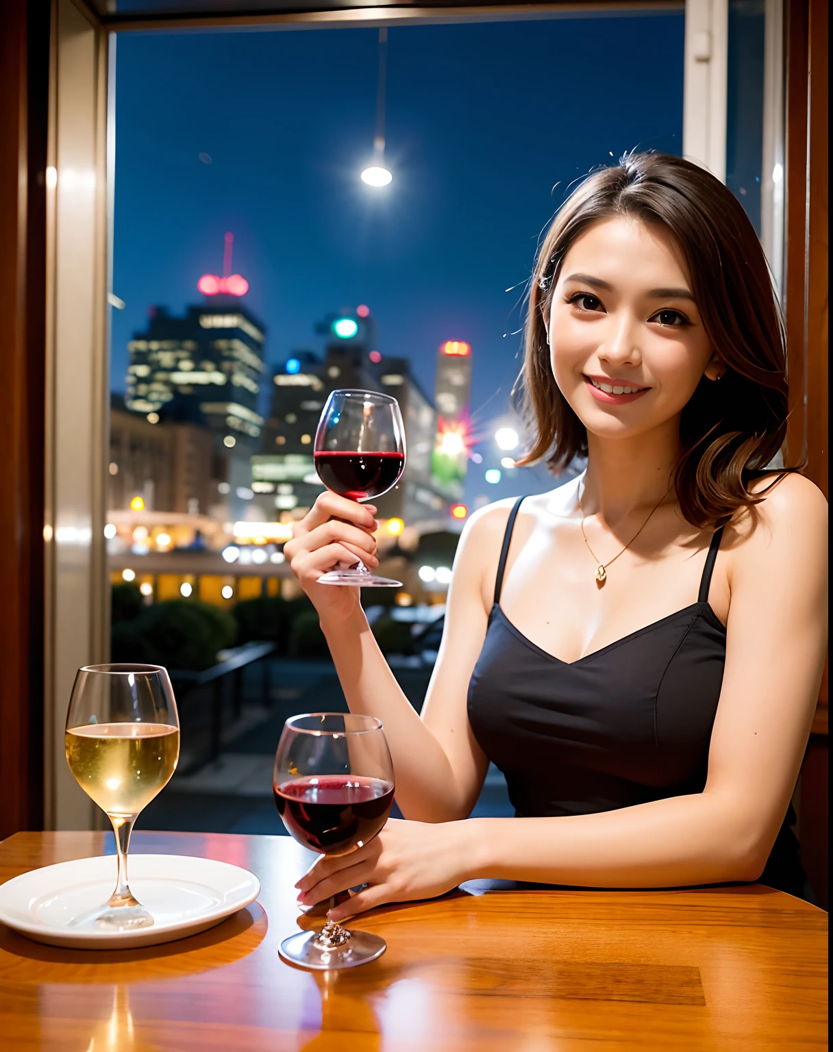 (64K, UHD, top quality, masterpiece: 1.2), (realistic, photorealistic: 1.37), super detailed, pretty woman 1 person, (slim face), (slim body), (brown hair), (short cut), cheeks slightly blushing, (44 years old), 38 years old, solo, beautiful detailed urban night view outside the window, restaurant, wine glasses sit, at night, in a prominent placeNovaFrogStyle, Actress, Model, Waist Up, White Wine, Slim, Wine Glass, Super Clean Night View, Wine Glass Put in the Middle, Happy Smile, (Smile: 1.15), Beautiful Fine Eyes, Upper Body, Bust Japan Up, Night, Short, Short, Actress, Model, Waist Up, White Wine, Slim, Wine Glass, Super Clean Night View, Wine Glass Put in the Middle, Happy Smile,