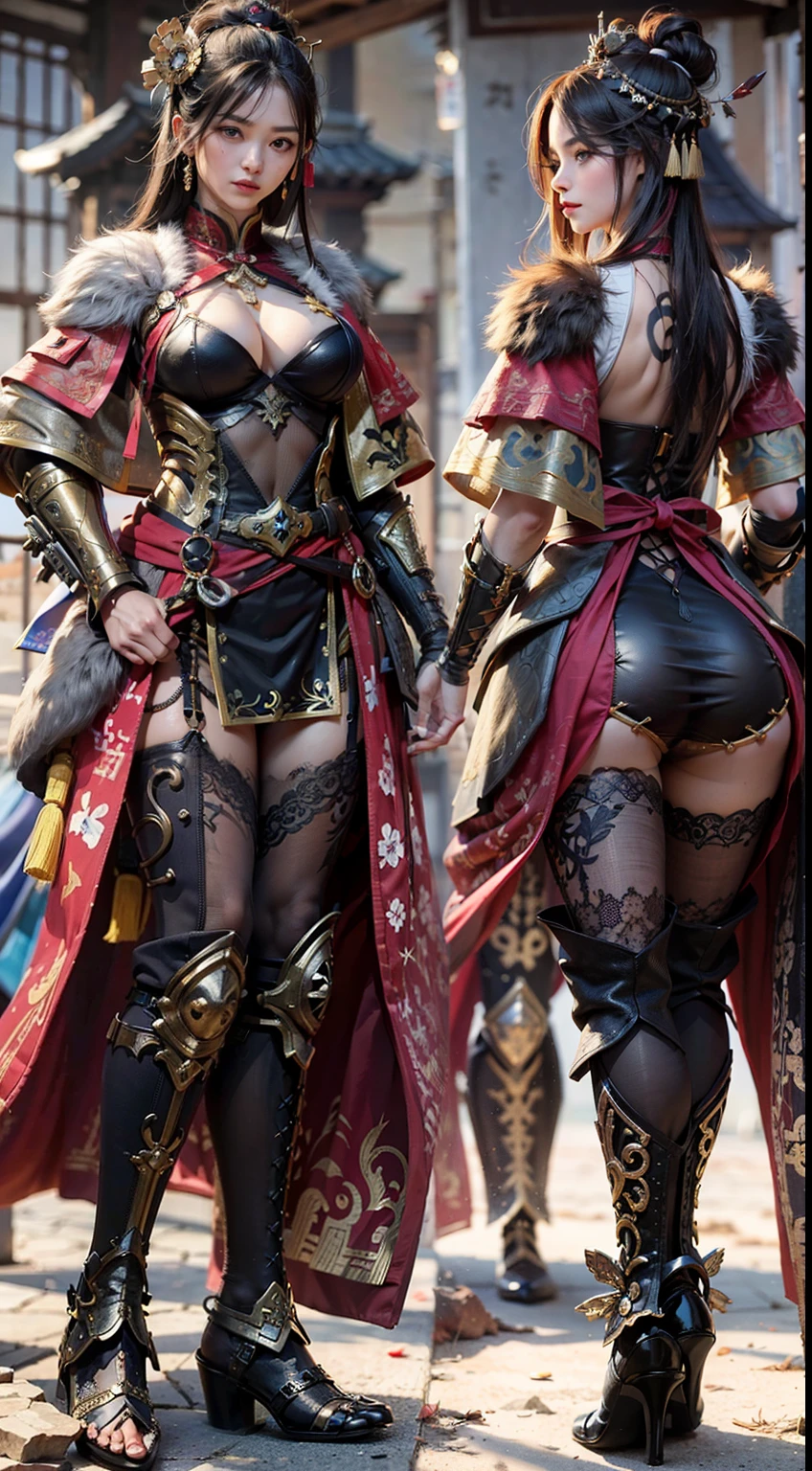 Ancient Chinese architecture,Female warriors in national style,Wear revealing armor,Simple clothing, Minimalist style,Mixed Chinese and American races,The background is blurred out,focal,Cowboy shot,电影灯光,(((tmasterpiece))), ((best qualtiy)), ((Complex and detailed)), ((ultra-realistic realism)), Ridiculous resolution, A MILF, Mature woman, ssee-through, highly detailed, illustratio, 1girll, (mediuml breasts), Thin waist and thick hips,long leges,beatiful detailed eyes, short detailed hair, brunette color hair, a purple eye, blackstockings,lacy clothing,with faintly visible,Cool armor,The body proportions are perfect,(No underwear:1.2),detailed back ground, perfect eyes, Seductive eye, (nice hand),Detail hands,looking at viewert,From the front,Wear light,juicy legs,deep v big breasts,Tattooed with
