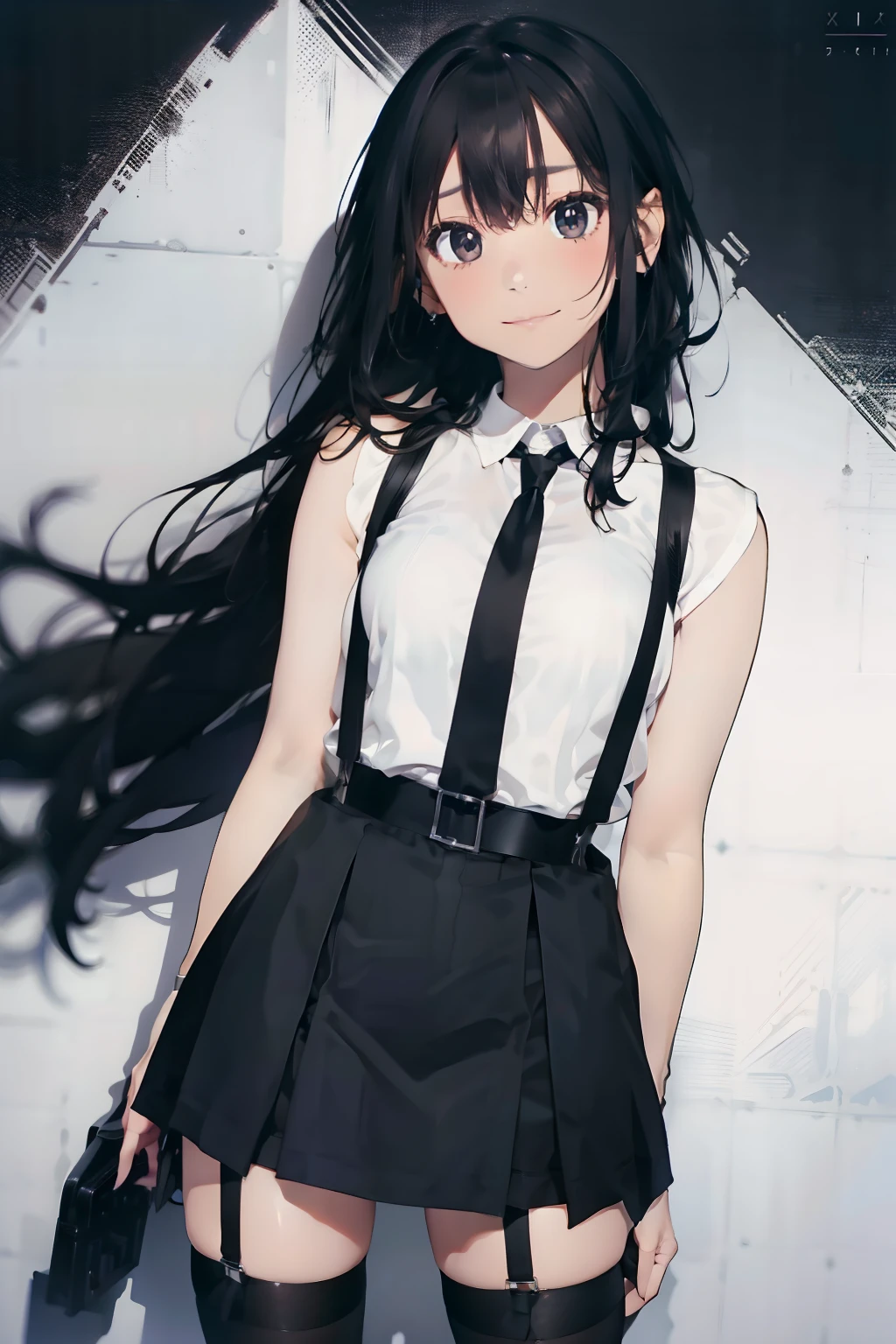 a black skirt, neck tie, Tank Tops　suspenders, Long Black Hair, Gray eyes, holster, Garter belt on the legs, Moderately breasts, hands above your head, Big breasts, Pichi Pichi clothes, both sides