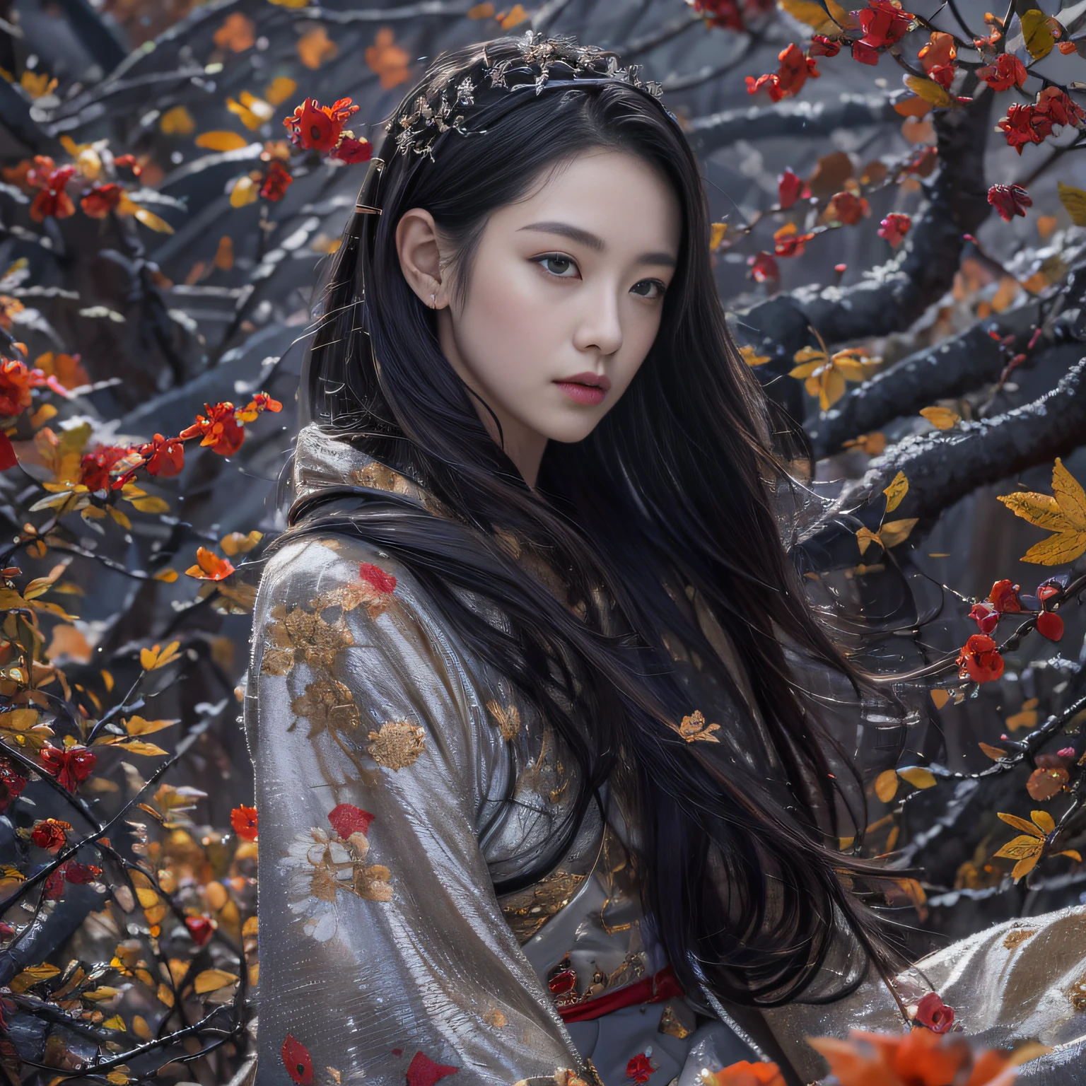 32K(tmasterpiece,k hd,hyper HD,32K)Long flowing black hair,Rockery,zydink, a color, Xuzhou people (Seduce girls), (Red scarf in the snow), jumping posture, looking at the ground, long whitr hair, Floating hair, Carp pattern headdress, Chinese long-sleeved silver battle robe, (Abstract gouache splash:1.2), Pink petal background,Tulips flying(realisticlying:1.4),Black color hair,Fallen leaves flutter,The background is pure, A high resolution, the detail, RAW photogr, Sharp Re, Nikon D850 Film Stock Photo by Jefferies Lee 4 Kodak Portra 400 Camera F1.6 shots, Rich colors, ultra-realistic vivid textures, Dramatic lighting, Unreal Engine Art Station Trend, cinestir 800,Long flowing black hair,Transparent robe clothing
