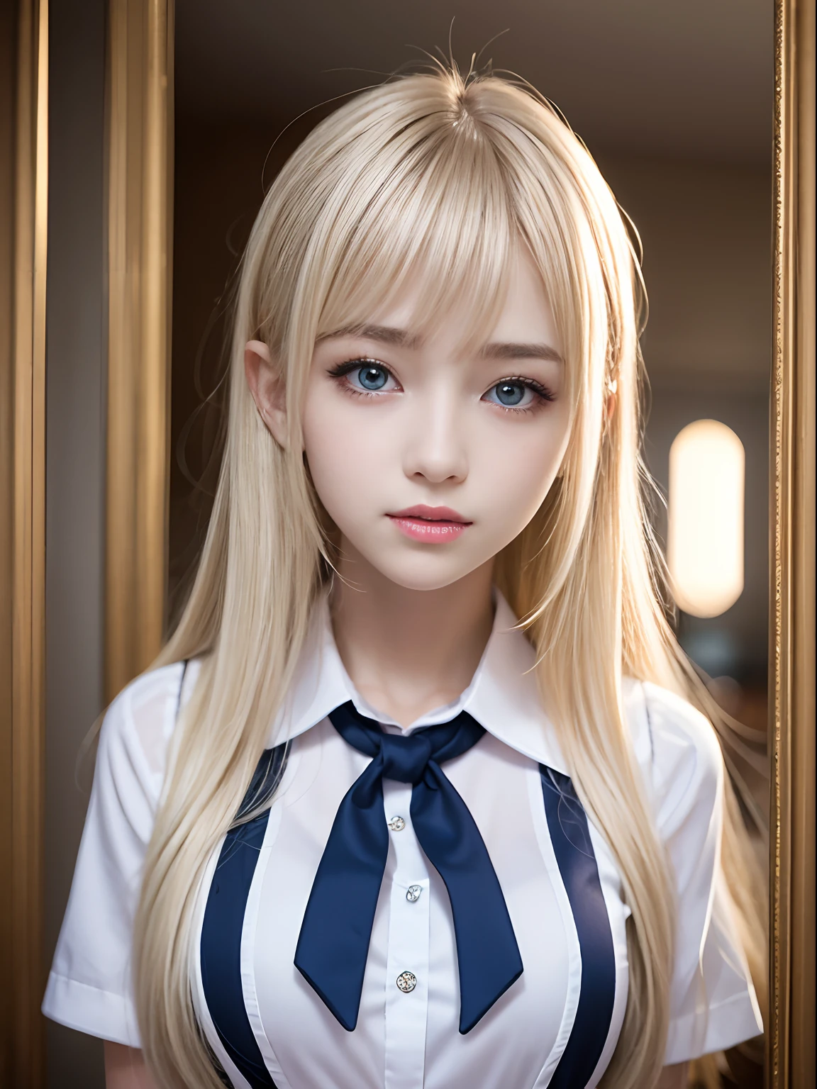 portlate、School Uniforms、bright expression、Young shiny shiny white shiny skin、Best Looks、Blonde reflected light、Platinum blonde hair with dazzling highlights、shiny light hair,、Super long silky straight hair、Beautiful bangs that shine、Glowing crystal clear attractive big blue eyes、Very beautiful nice cute 16 year old girl、Lush bust、