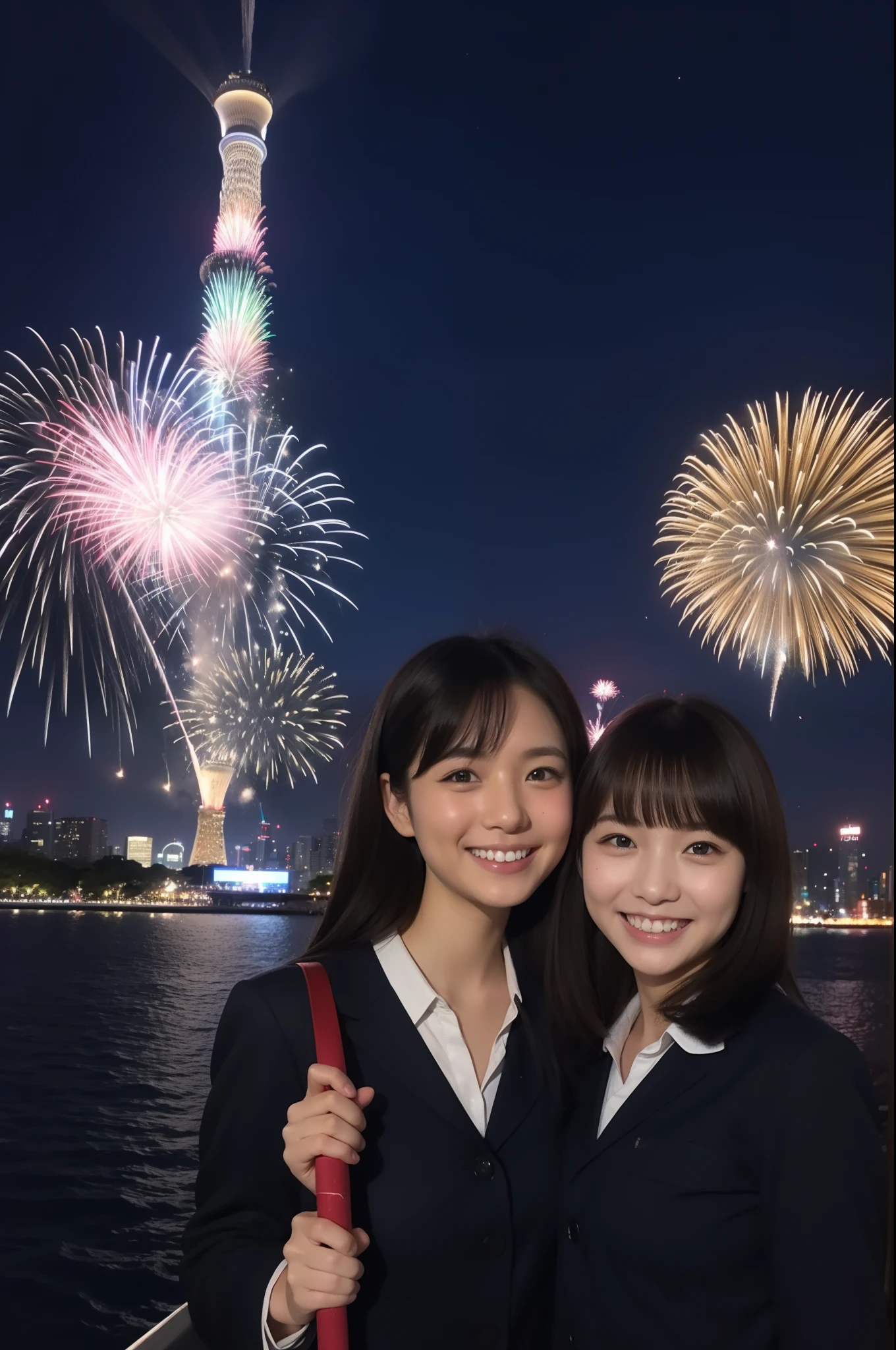 A smile、hi-school girl、校服、While doing fireworks、mare、Tokyo Skytree