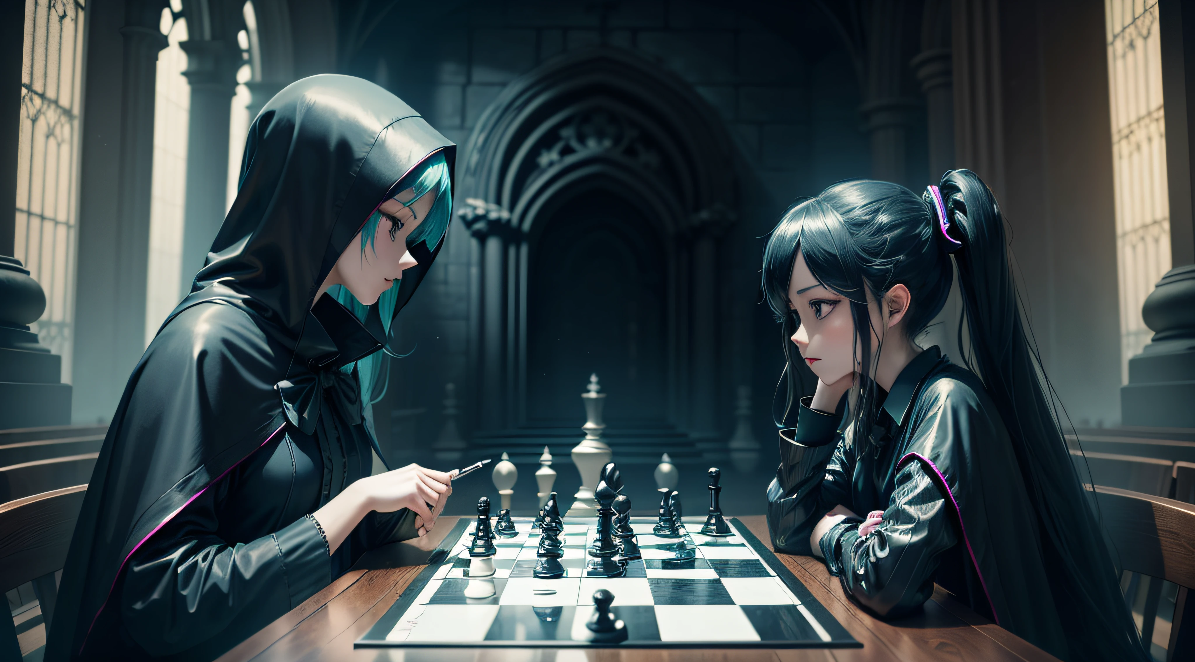 hatsune miku plays chess with grim reaper, dark fantasy, gothic atmosphere, gloomy, grim reaper, chess tournament, dark cathedral background, realistic, detailed, hatsune miku versus grim reaper, 2 opponents --auto
