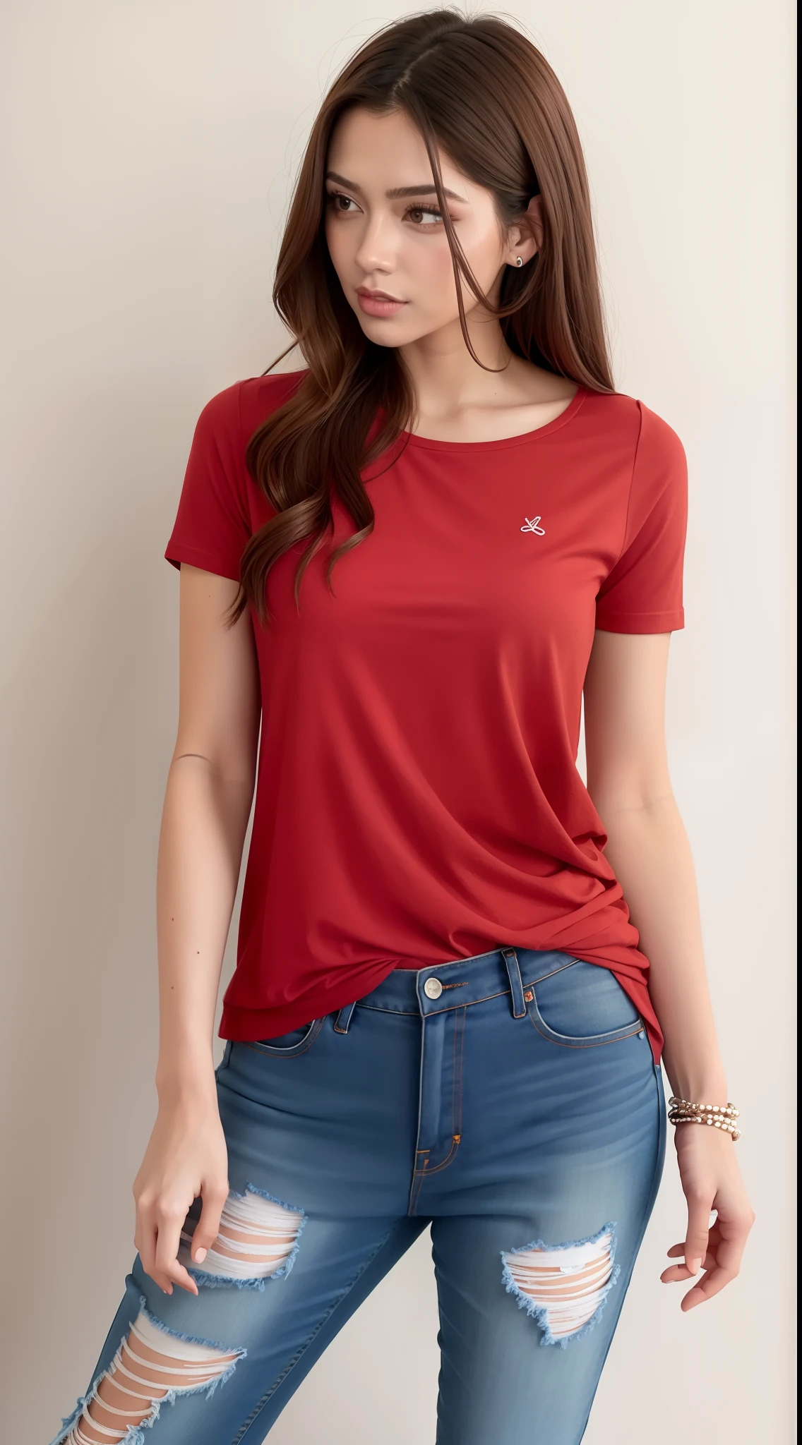 A gorgeous woman in a red shirt and ripped jeans posing for a photo, camiseta vermelha, camisa vermelha, with his hands in his pockets, mangas curtas, Hands in pockets, graphic tees, basic clothing, com dois bolsos frontais, quilombola mist, vermelho marrom, roupas casuais, jeans e camiseta, usando um top bonito, camisa vermelha elegante, camisa de malha, roupas carmesim