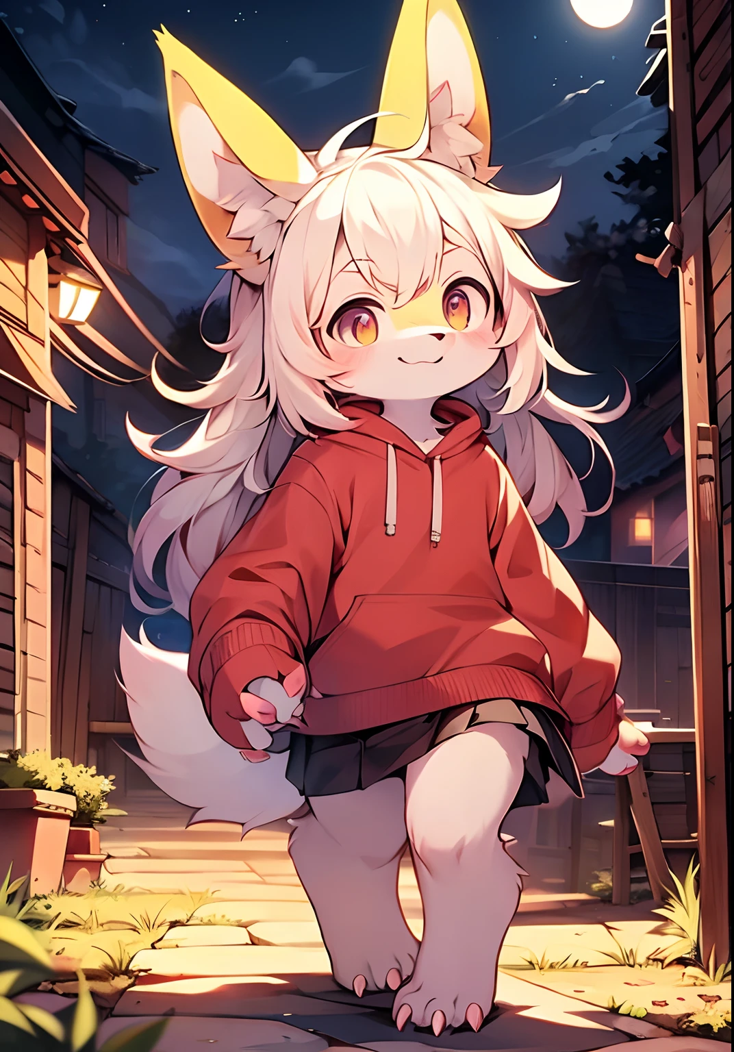 Furry  girl，Fluffy tail，Emphasis on white fur，Delicate fur，Cute toddleShort pink skirt，Young，Petite and cute emphasis，Walking posture，Detailed characters，A smile on his face（1.2），Protruding claws，Pink meat pad，Enhance long-haired animals（1.2），the night，borgar（1.1）。独奏，solo person