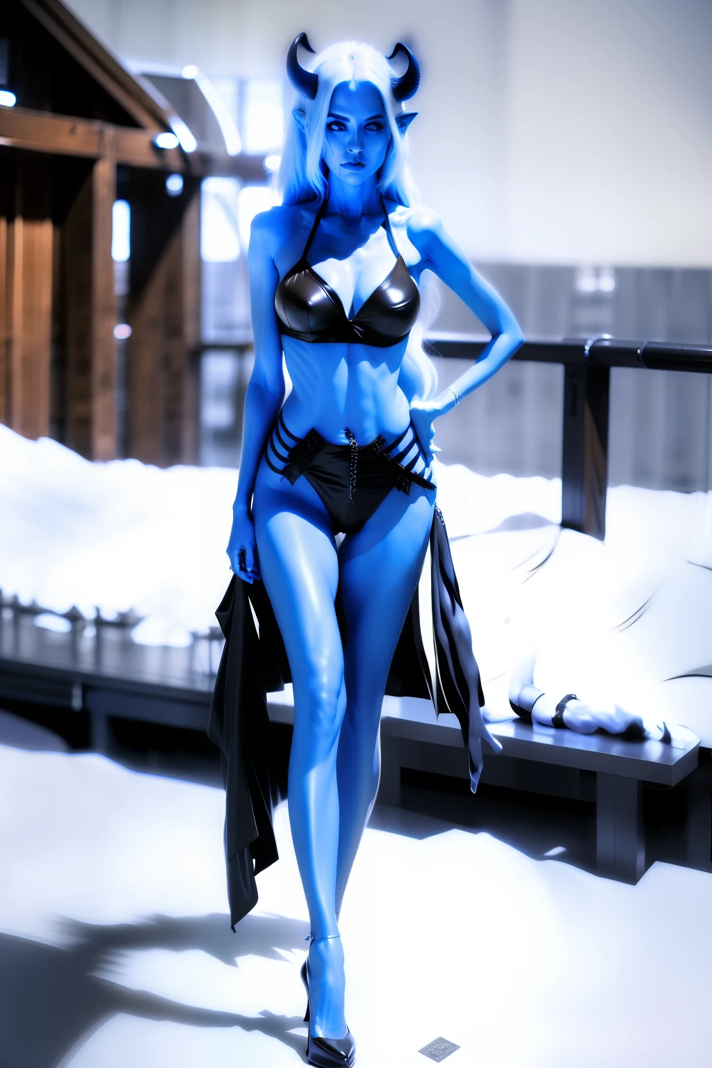 ((Midnight, Best quality, 8k, Masterpiece :1.3)), Whole body, Long legs, Sharp focus :1.2, 
A pretty woman with perfect figure :1.4, Slender abs :1.1, ((Platinum blonde hair, Big breasts :1.2)), 
(Crop top shirt, Low waist pants, sitting:1.2), abs, Highly detailed face and skin texture, 
Detailed eyes, Double eyelid, high heels, low angle, from below, toned abs, laughing, 
looking at viewer, sitting on golden chair, RAW, masterpiece, super fine photo, best quality, 
super high resolution, realistic, sunlight, 
blue tinted skin, a beautiful woman with blue skin, white hair, platinum blonde hair, 
female zombie, pale blue colored skin, blue colored skin, thin body blue skin, thin body, 
fair skin, amazing beauty, dynamic pose, delicate face, abandoned warehouse background,
dilapidated warehouse background, gothic background, abandoned brick background, messy, 
gorgeous, high detail skin, realistic skin detail, sharp focus, volumetric light, 8k UHD, DSLR, 
high quality, Film grain, realism, blonde woman in black leather outfit with horns, 
dark elf princess, dark elf, beautiful dark elf countess, dark elf maiden, 
seductive cyberpunk dark fantasy, cinematic goddess body shot, cyberpunk robotic elvish queen, 
blue elf, very beautiful elven top model, ornate cosplay, blue armor, pale black armor, 
female drow elf, glamourous cosplay, long legs, full view of body, very blue skin, tall legs,
slender body, black corset, perfect face