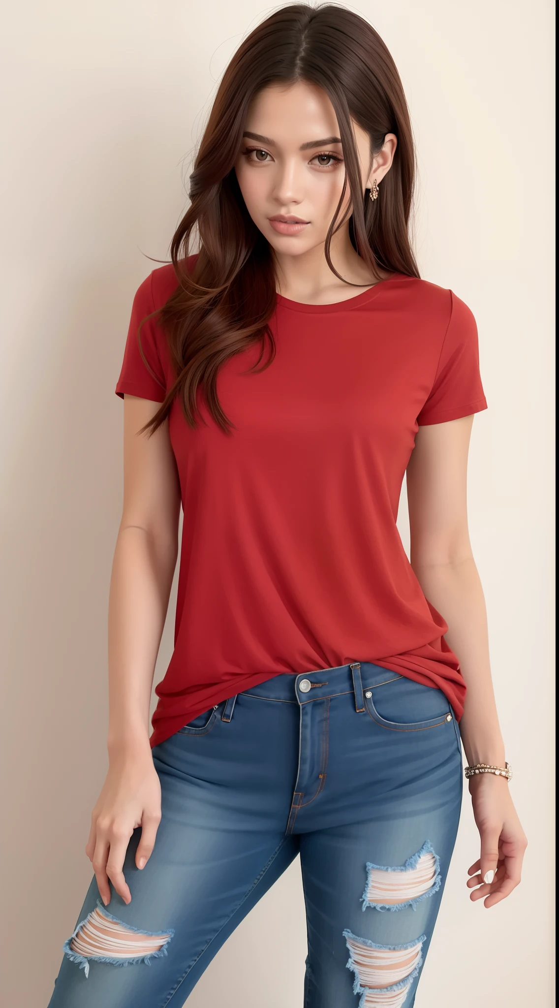 A gorgeous woman in a red shirt and ripped jeans posing for a photo, camiseta vermelha, camisa vermelha, with his hands in his pockets, mangas curtas, Hands in pockets, graphic tees, basic clothing, com dois bolsos frontais, quilombola mist, vermelho marrom, roupas casuais, jeans e camiseta, usando um top bonito, camisa vermelha elegante, camisa de malha, roupas carmesim