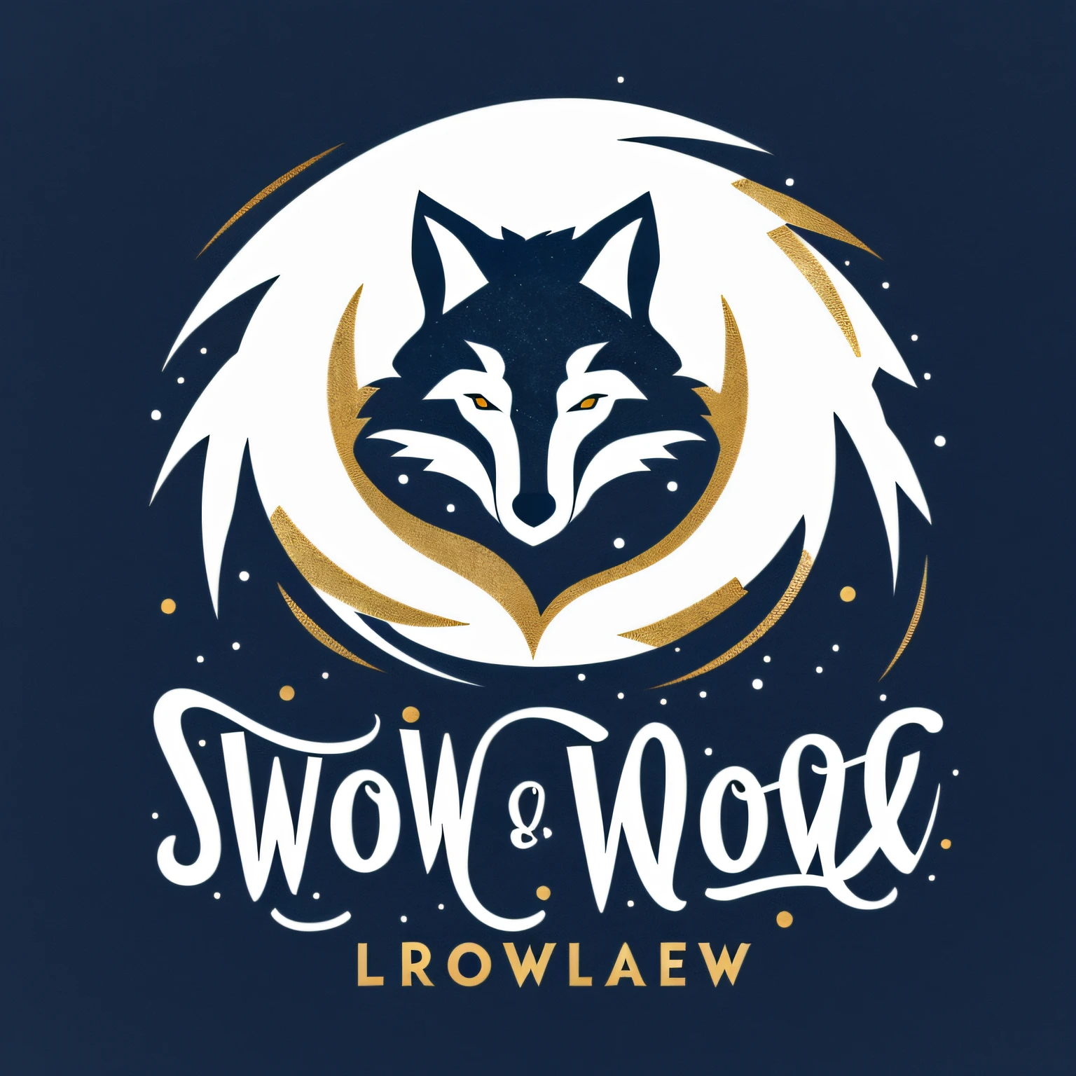 Logo with TEAM SNOW FOX writing, wolf line art logo, white and dark gold background, dark blue, minimal and solid — SNOW FOX
