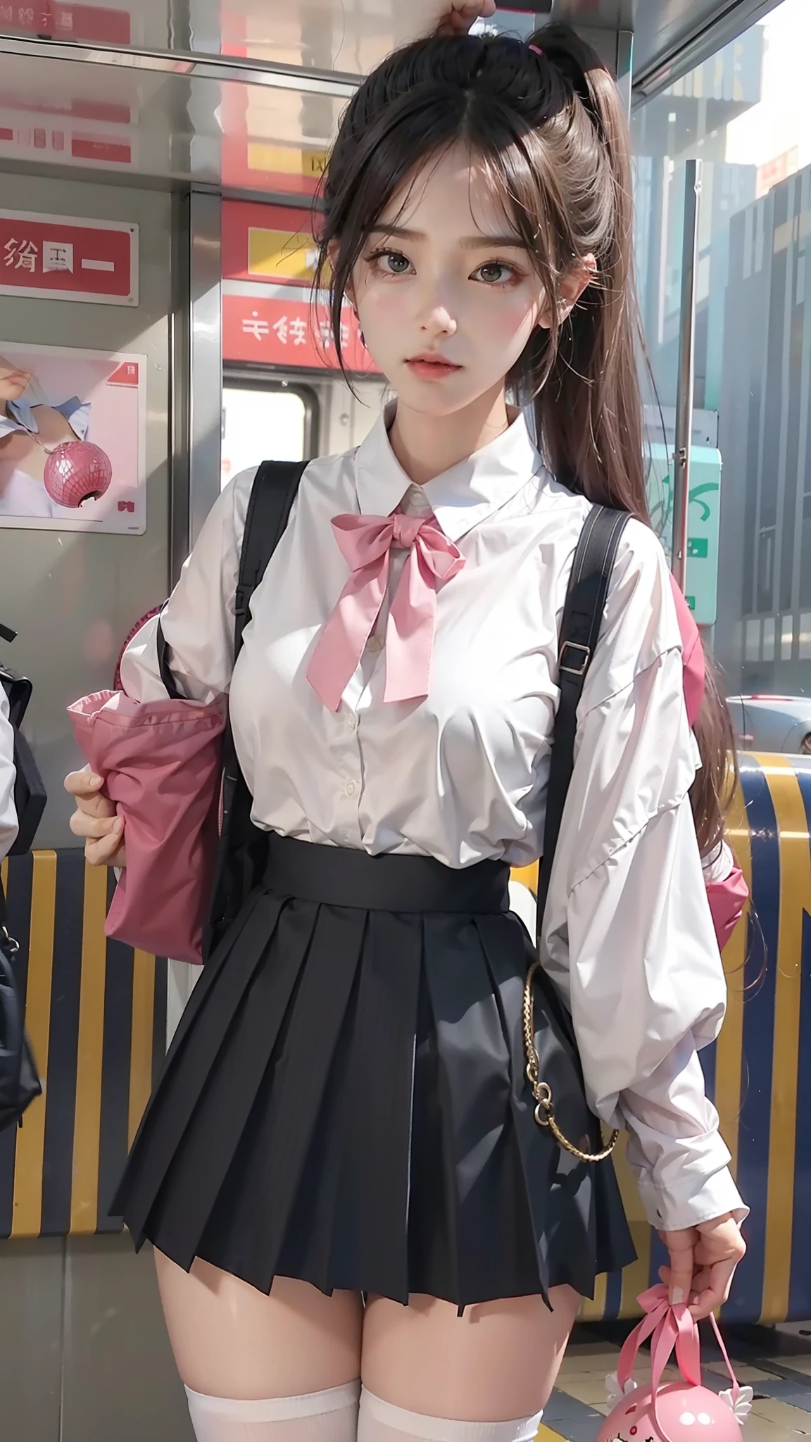 best qualtiy， tmasterpiece， 超高分辨率， realisticlying， 1girll， Pink ball head，White color blouse（Leakage of medium breasts），a black pleated skirt（Leaking out of the thighs），long white socks，Carrying a rucksack，Inside the subway，Face the lens