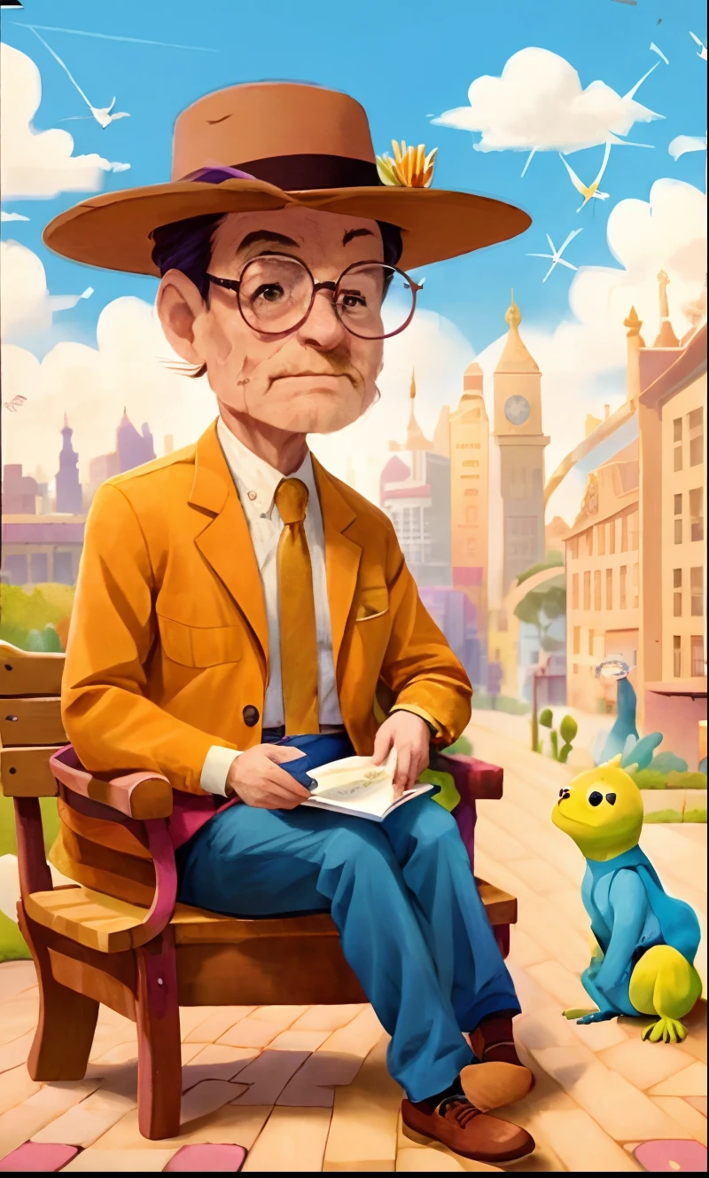 The image of a man and an anthropomorphic Lizard in human clothes, sitting on a bench, beeple and jean giraud, Pop - surrealism, Isaac Asimov and Mark Simonetti, pop surrealism, Micheal Cheval (Unreal engine, Style of Pop Surrealism Art, Mark Ryden and Lisa Frank, Pop Art Surrealism, Fantasy Pop Art, inspired by Ron English, hyper-surreal