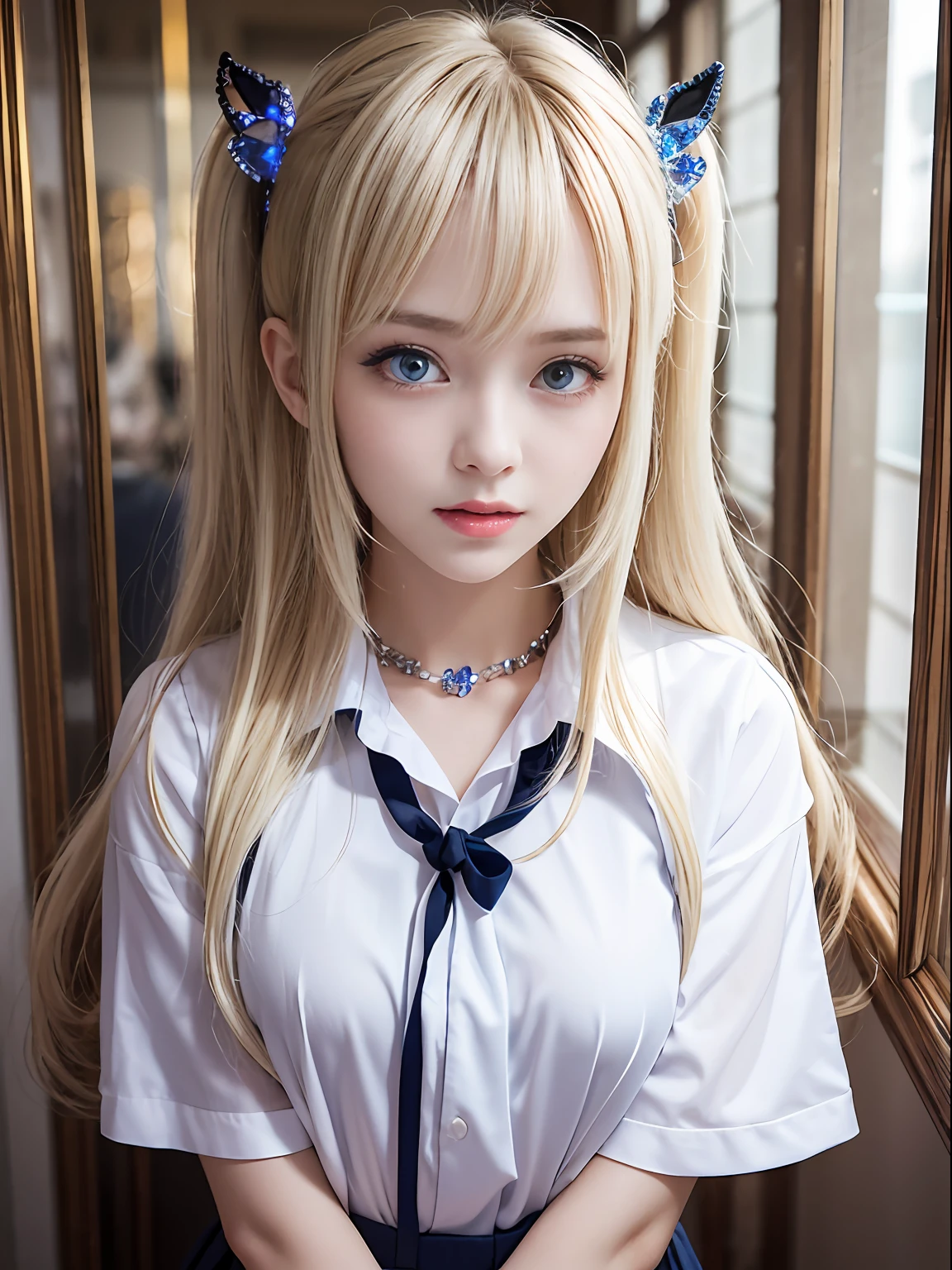 portlate、School Uniforms、bright expression、poneyTail、Young shiny shiny white shiny skin、Best Looks、Blonde reflected light、Platinum blonde hair with dazzling highlights、shiny light hair,、Super long silky straight hair、Beautiful bangs that shine、Glowing crystal clear attractive big blue eyes、Very beautiful nice cute 16 year old girl、Lush bust