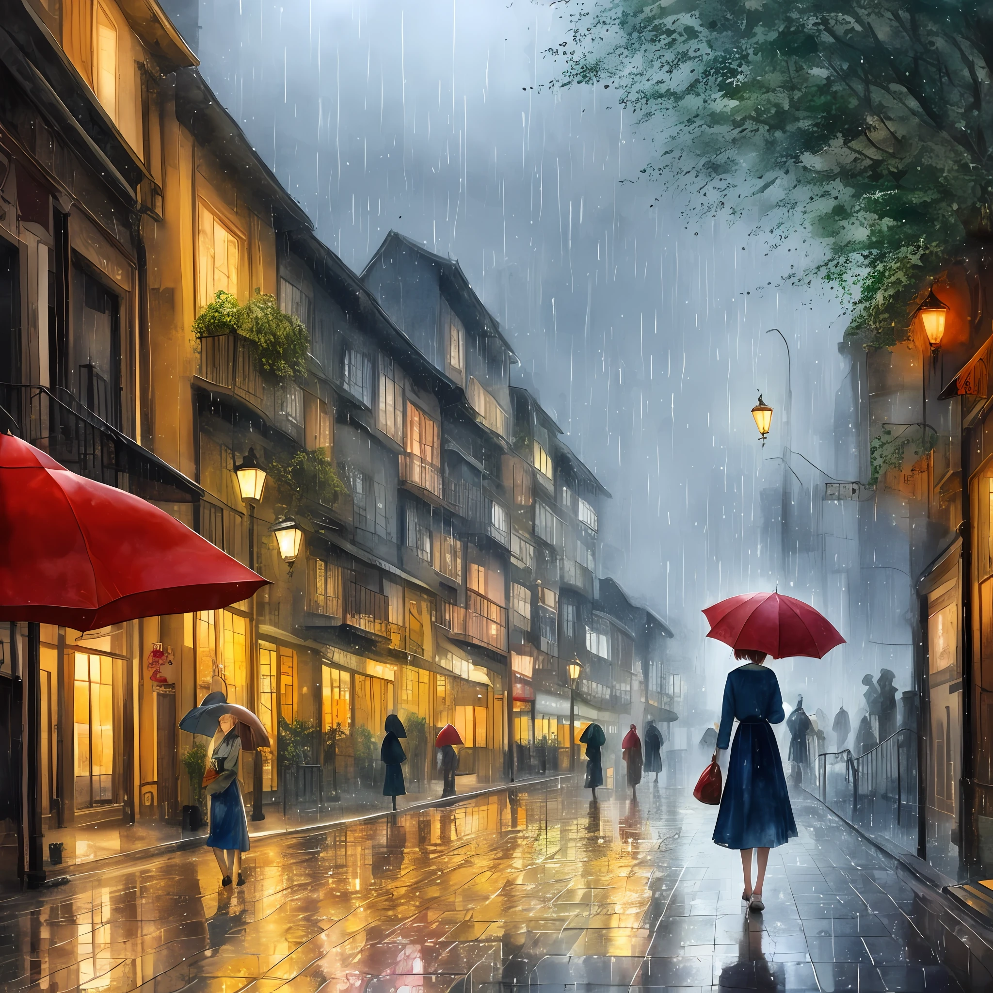 Painting of a woman walking down a street with an umbrella - SeaArt AI