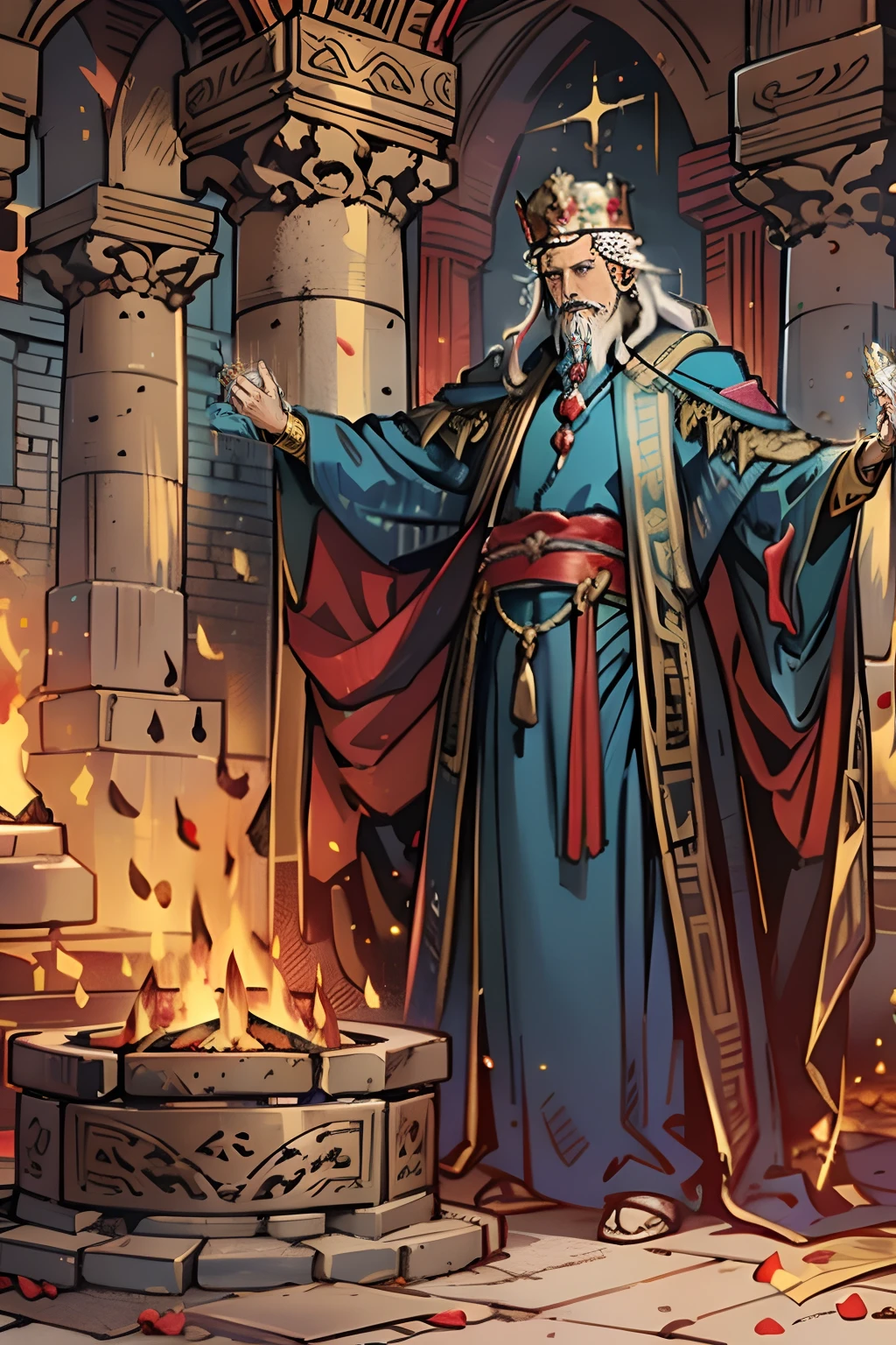 A 50-year-old Persian king with a crown and long white hair stands inside a large fire temple, rotating in a blue cloak as he prays near a grand round fireplace.