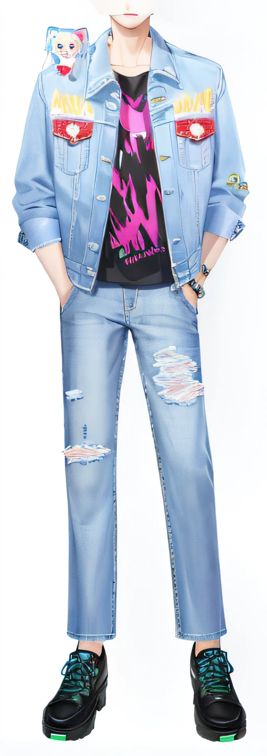 Alafeld painted men in denim jackets and jeans, ( ( ( Wearing jeans ) ) ), kawaii shirt and jeans, imvu, inspired by Sim Sa-jeong, !!Full body portrait!!, Screenshot of fashion game, inspired by Adam Dario Keel,