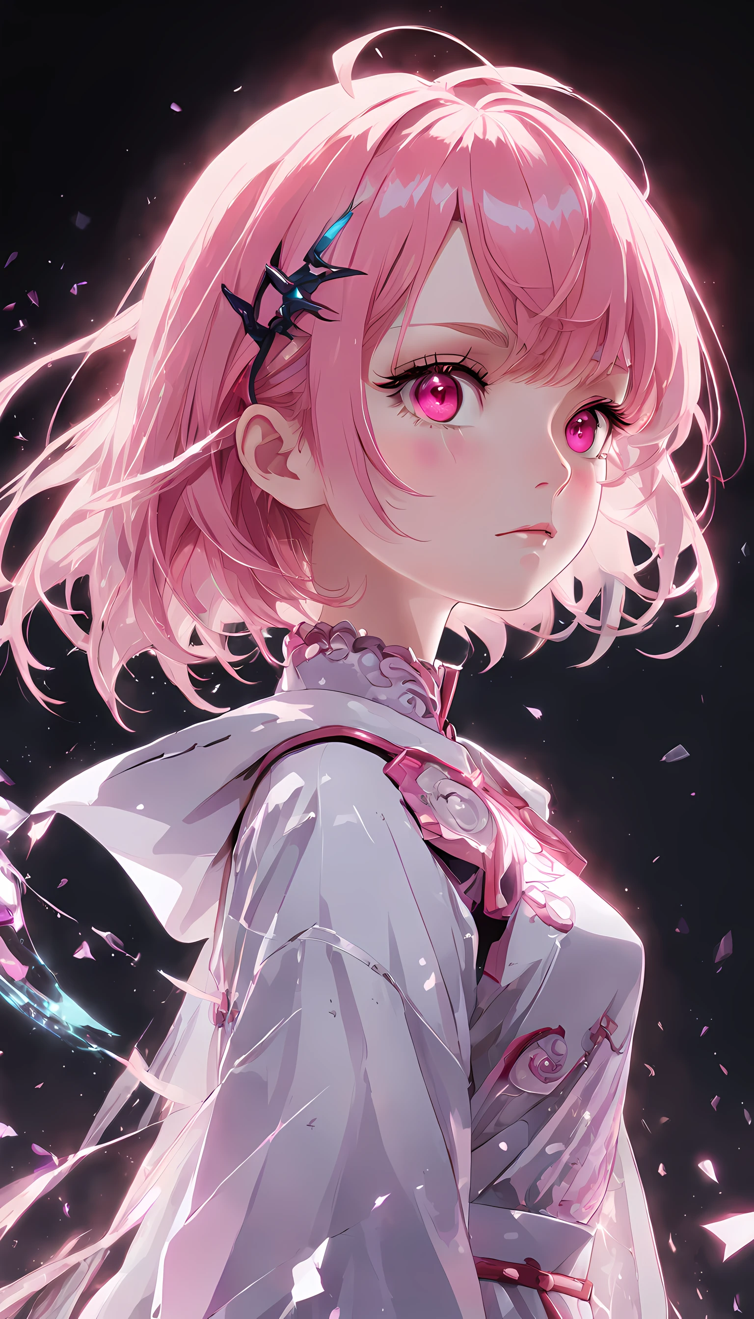 (Masterpiece, Best Quality, Ultra Detail, Best Shadow), (White Background), (Beautiful Detail Face), High Contrast, (Best Lighting, Extremely Delicate and Beautiful), (Cinematic Light)), Bright Colors, Hyperdetail, Intricate Detail, Standing Painting (1 Girl, Solo, Front, Pink Hair, Sharp Face, Short Hair, Fluorescent Long Coat (Broken Glass), Frock Costume, Red Eyes, Hair Between Eyes), Shimmer Swirling Around Characters, Purple Light Particles, Magic Circle, Cyberpunk Style