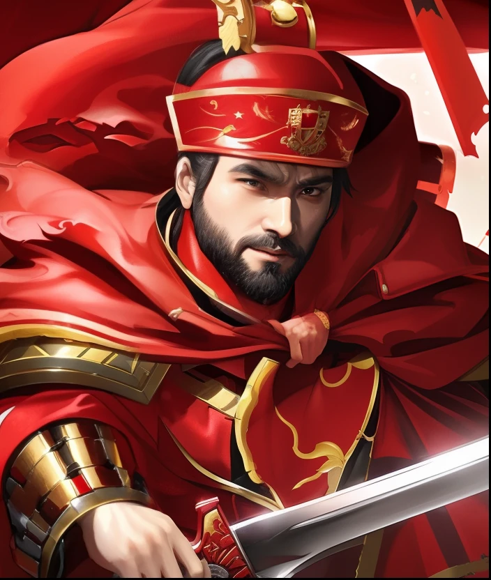 Bearded man with sword and red cloak