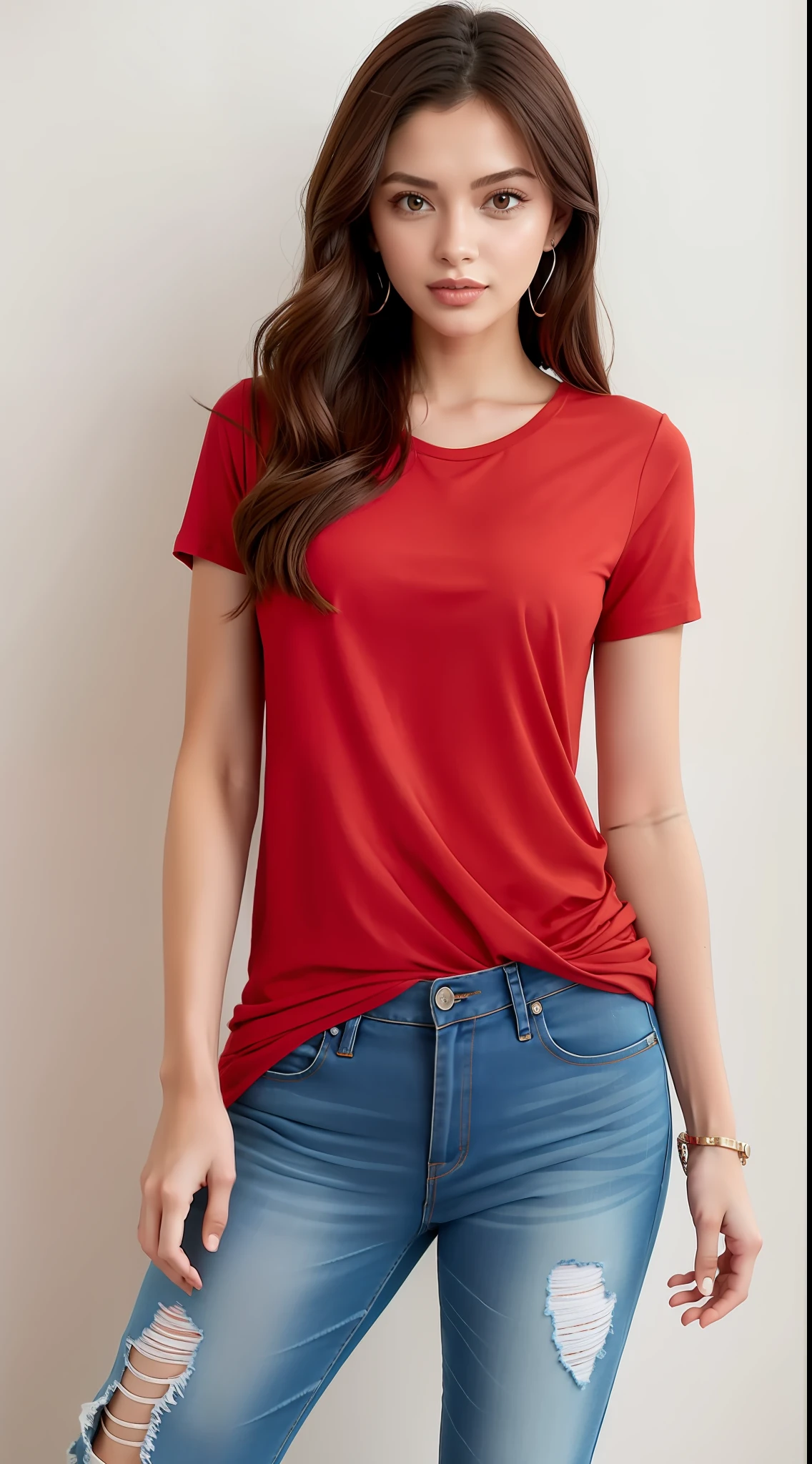 A gorgeous woman in a red shirt and ripped jeans posing for a photo, camiseta vermelha, camisa vermelha, with his hands in his pockets, mangas curtas, Hands in pockets, graphic tees, basic clothing, com dois bolsos frontais, quilombola mist, vermelho marrom, roupas casuais, jeans e camiseta, usando um top bonito, camisa vermelha elegante, camisa de malha, roupas carmesim