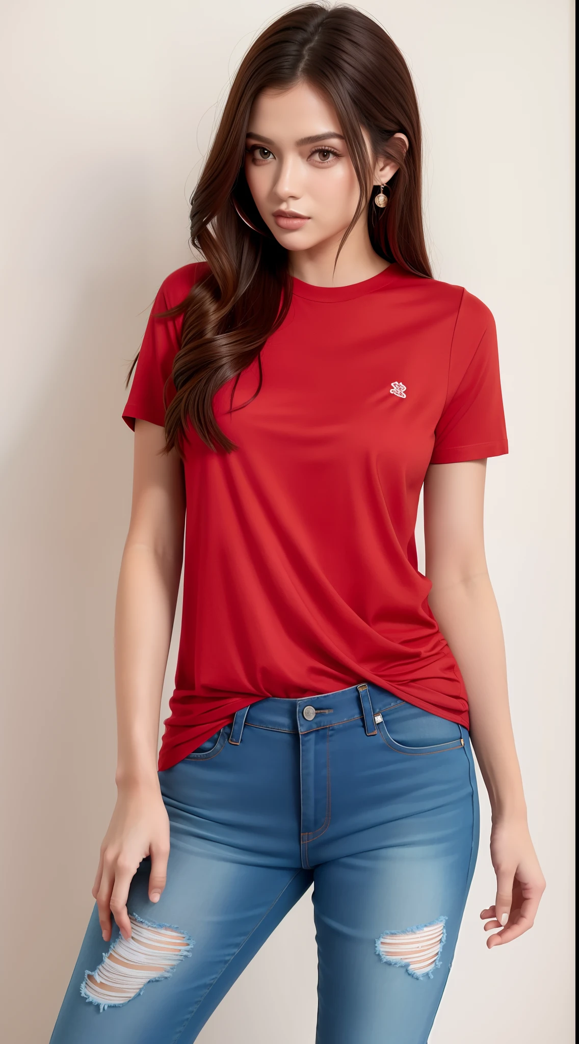 A gorgeous woman in a red shirt and ripped jeans posing for a photo, camiseta vermelha, camisa vermelha, with his hands in his pockets, mangas curtas, Hands in pockets, graphic tees, basic clothing, com dois bolsos frontais, quilombola mist, vermelho marrom, roupas casuais, jeans e camiseta, usando um top bonito, camisa vermelha elegante, camisa de malha, roupas carmesim