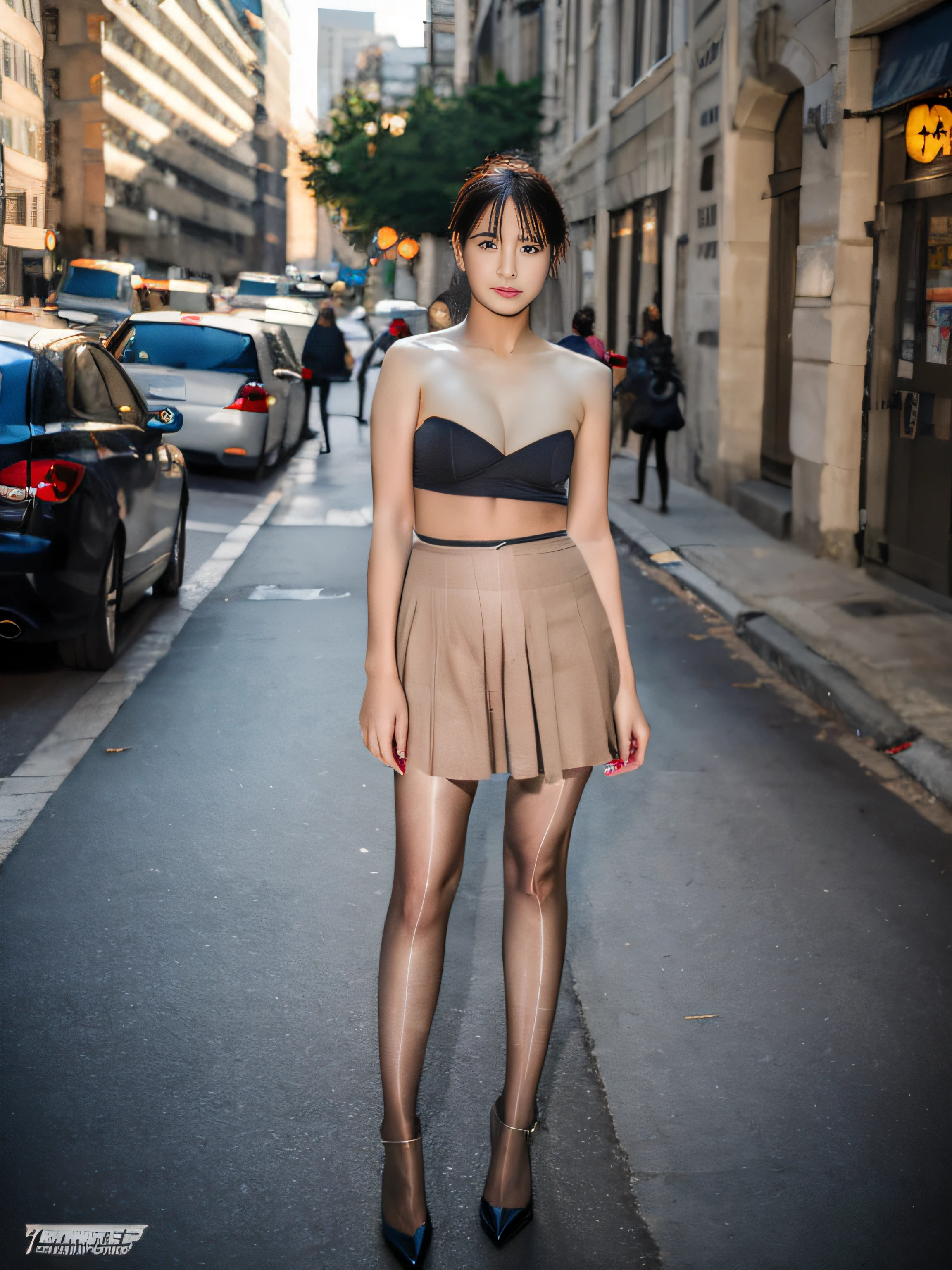 ,(RAW photo:1.2), (Photorealistic:1.4),Beautiful Meticulous Girl, very detailed eyes and faces, Beautiful detailed eyes, ultra - detailed, A high resolution, The is very detailed,best qualtiy,1个Giant Breast Girl,tmasterpiece,Beautiful outfit,a skirt,illustratio,The is very detailed,unified,8k 壁纸,finely detailled,tmasterpiece,best qualtiy,Unity8k wallpapers,1个Giant Breast Girl,16 yaers old,Hipster girl,(Camel toes),(full bodyesbian),are standing,Neckline top,鎖骨,Stylish clothes,Bandeau dress,blacksilk,Long legs,high-heels,the street,Urban skirt,lacepantyhose,exteriors,1个Giant Breast Girl,Bandeau dress,the street,Black shoes
