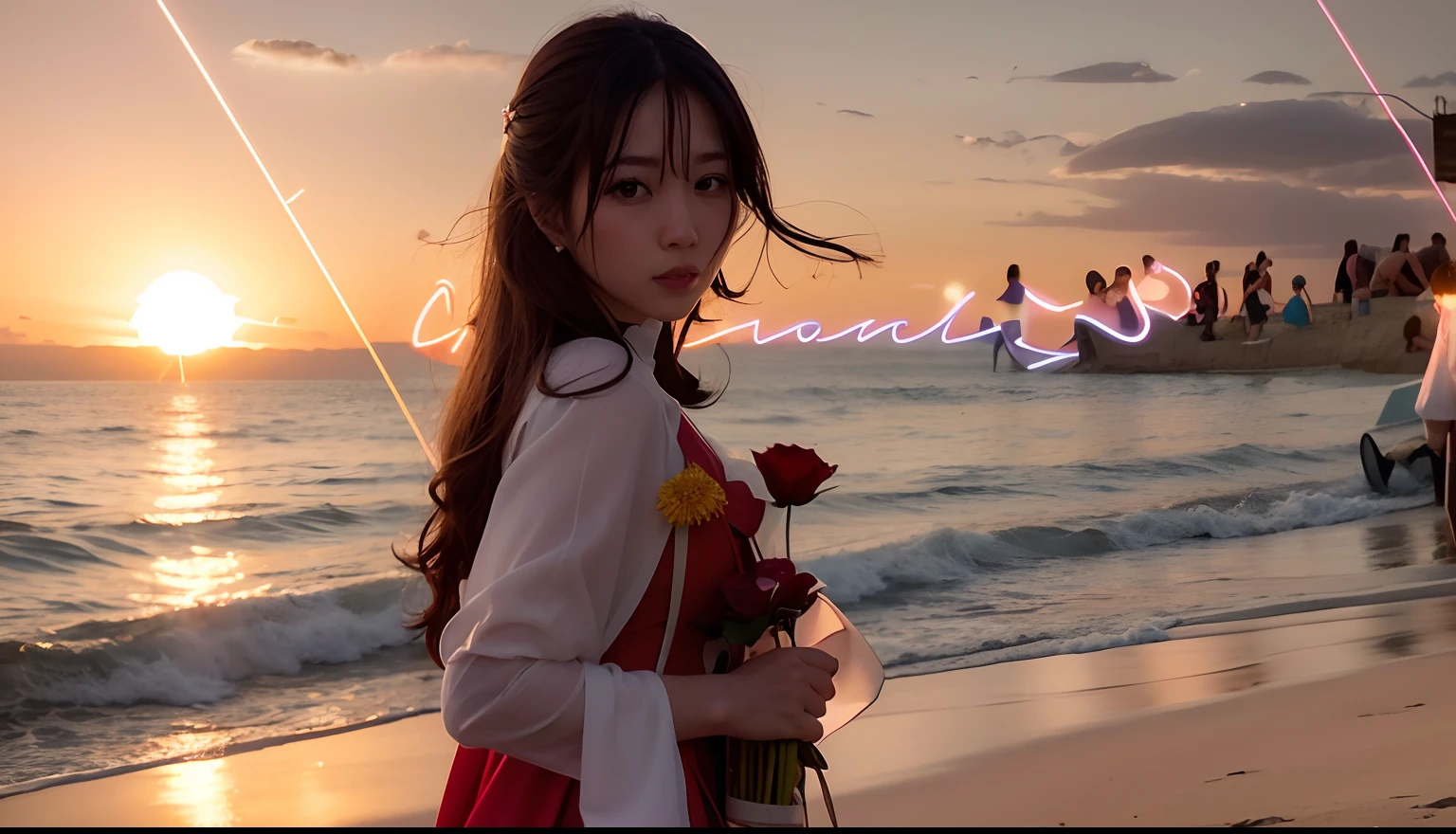 There is a woman in a red dress on the beach, mai anh tran, xintong chen, queen of the sea mu yanling, With flowers, Inspired by Tang Yifen, posing on a beach with the ocean, cindy avelino, inspired by Chen Yifei, bae suzy, chengyou liu, inspired by Cui Bai, inspired by Yao Tingmei，Anime cartoon shoujo