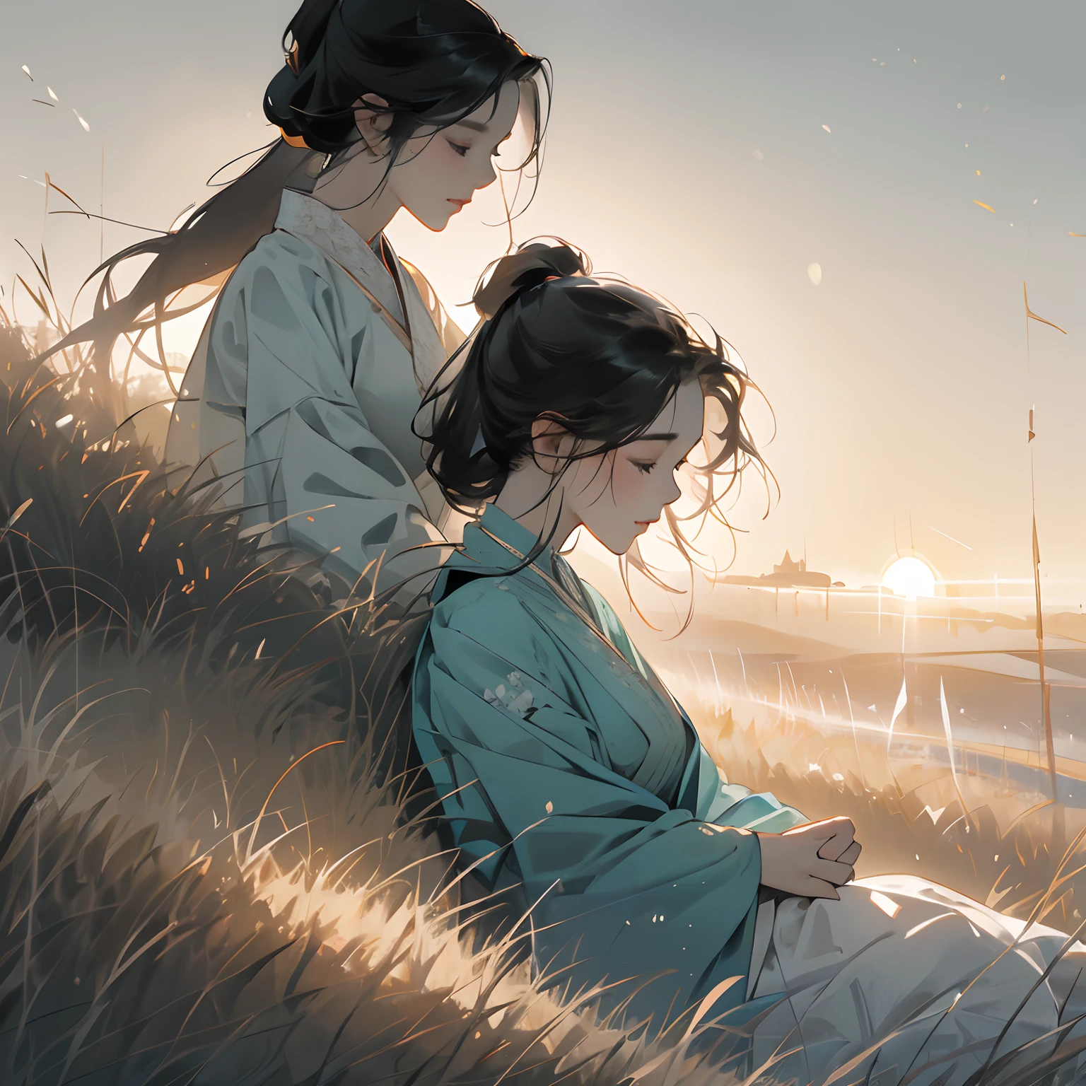 ((A woman lying on the grass,Pastoral dogs jumping on the side)),Gorgeous light gauze hanfu,Happy emoji,Separate bangs,Ponytail hairstyle,dynamic blur,Fog shrouded,Detailed representation,,Ray traching,Third Person View,ink wash style,8K