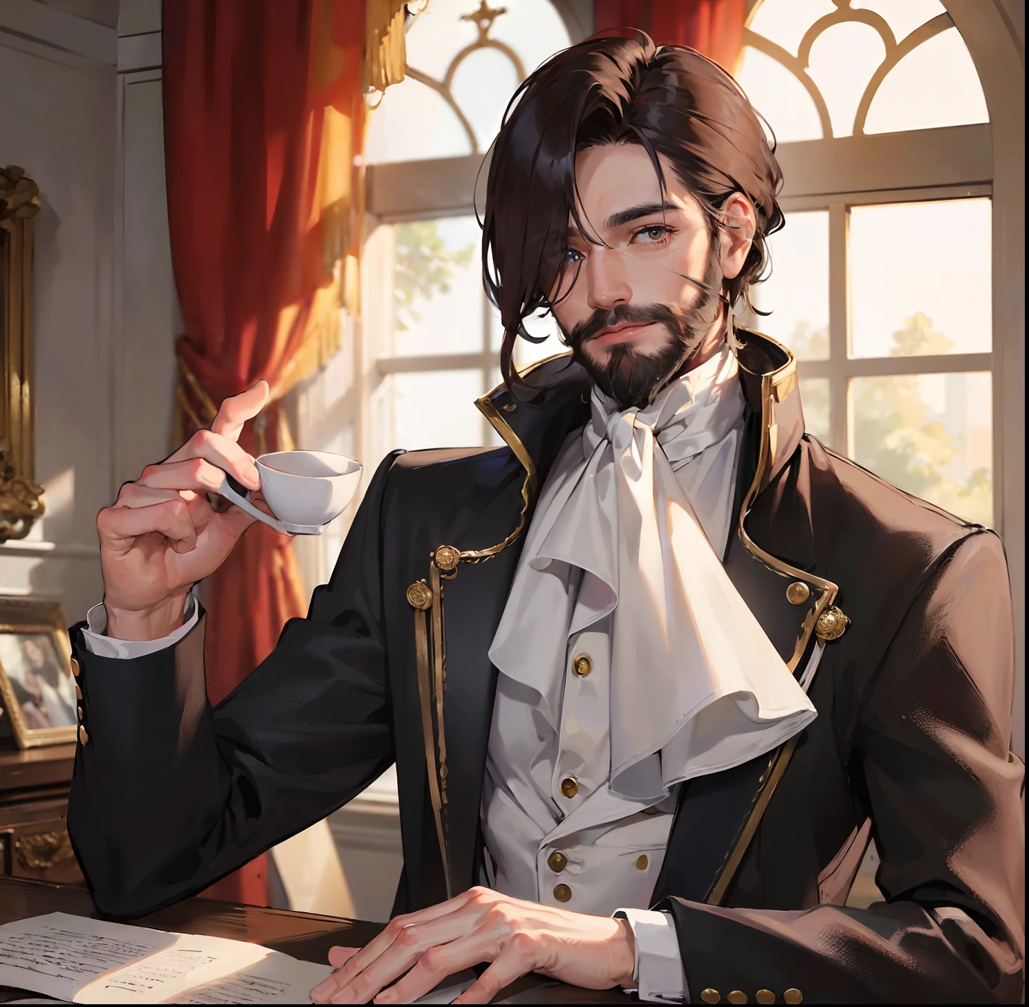 ((Masterpiece)), (super-detailed), (warm lighting), (ultra-detailed face), Mature male, 50 years old, male, beard, politician, aristocrat, (asymmetrical hair),(hair over one eye,one eyed,eye-hiding coif),(left eye is hidden by long bangs)