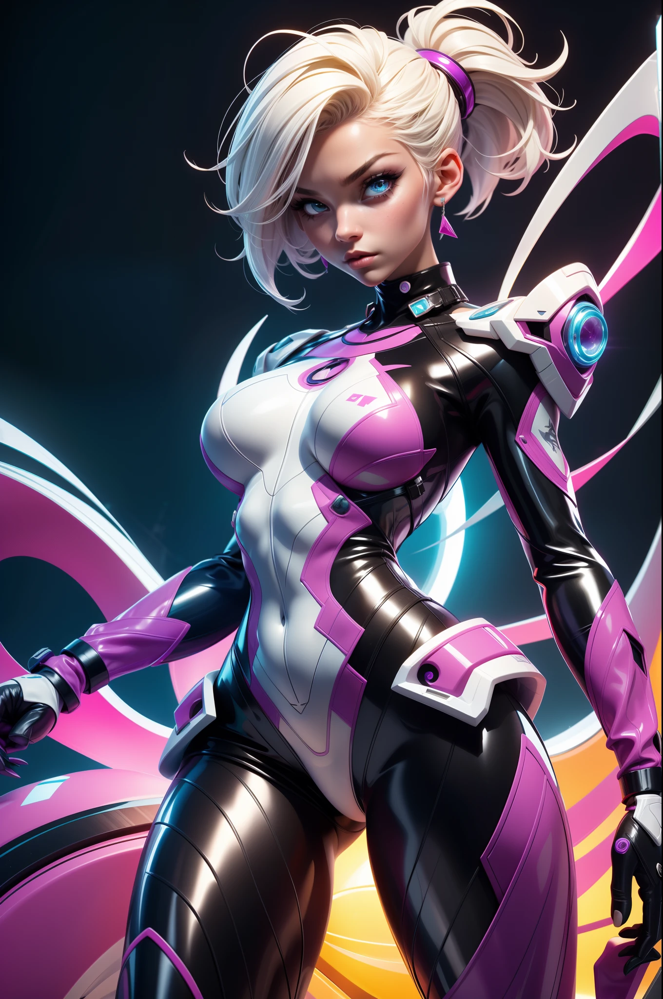 full body picture Unreal Engine 5 8K UHD of beautiful woman,with short white hair,Dress colorful neon color tight futuristic latex spider woman cosplay。,Latex swimwear,Sexy action,Wait for slow breasts,Muscular figure,Swimsuits that rarely cover the skin,latex glove,Wear purple glass,耳Nipple Ring,Piercing of lips Perforated,Modern age city,best qualityer,tmasterpiece,8K UHD wallpaper
