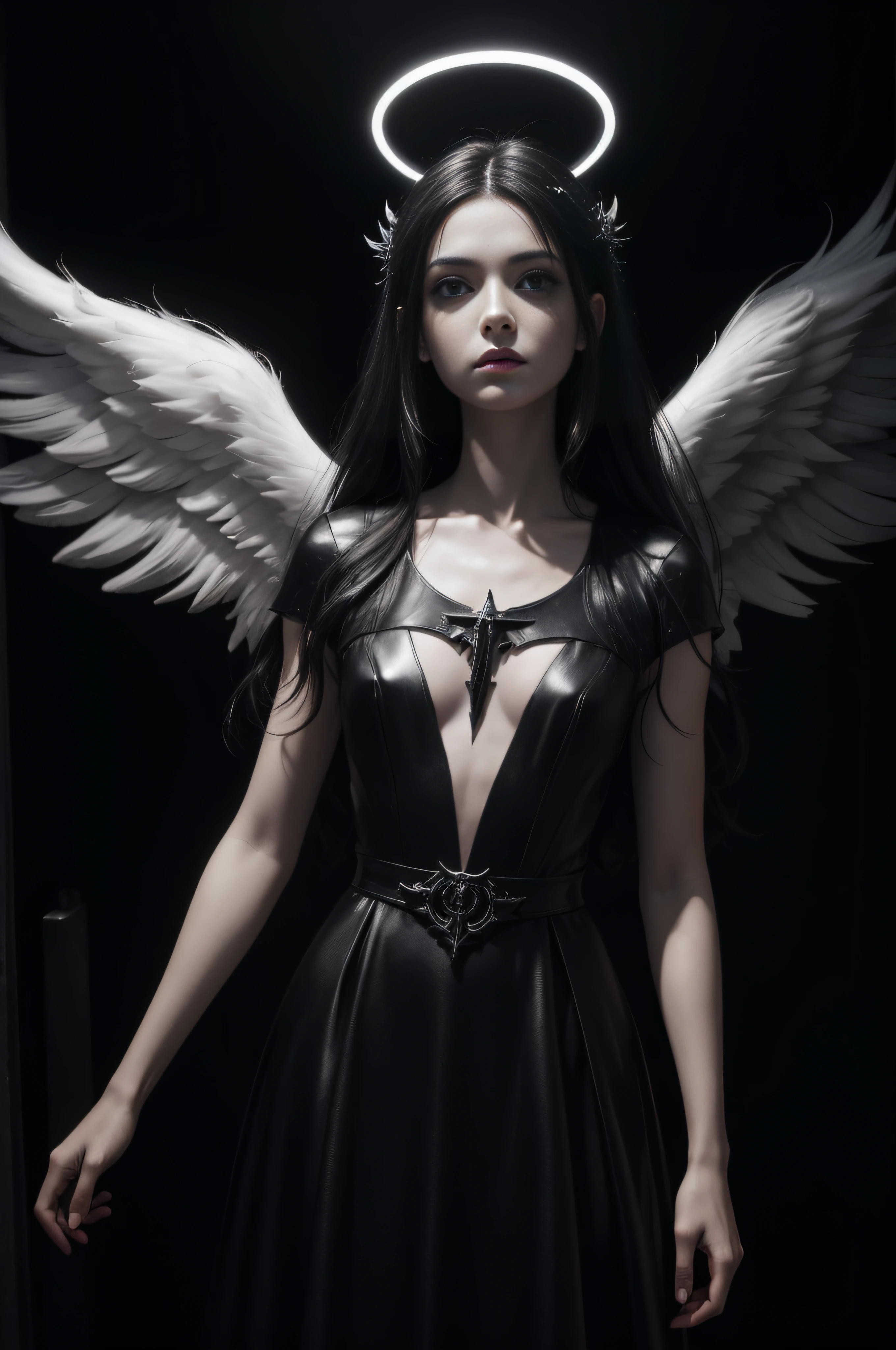 arafed angel with white paint and black wings standing in a dark room, angelic and unsettling, young wan angel, angel, the angel of death, the angel of death with a halo, portrait of the angel of death, angel of death, an angel, portrait of the death angel, by emmanuel lubezki, in a tim burton movie, cherub