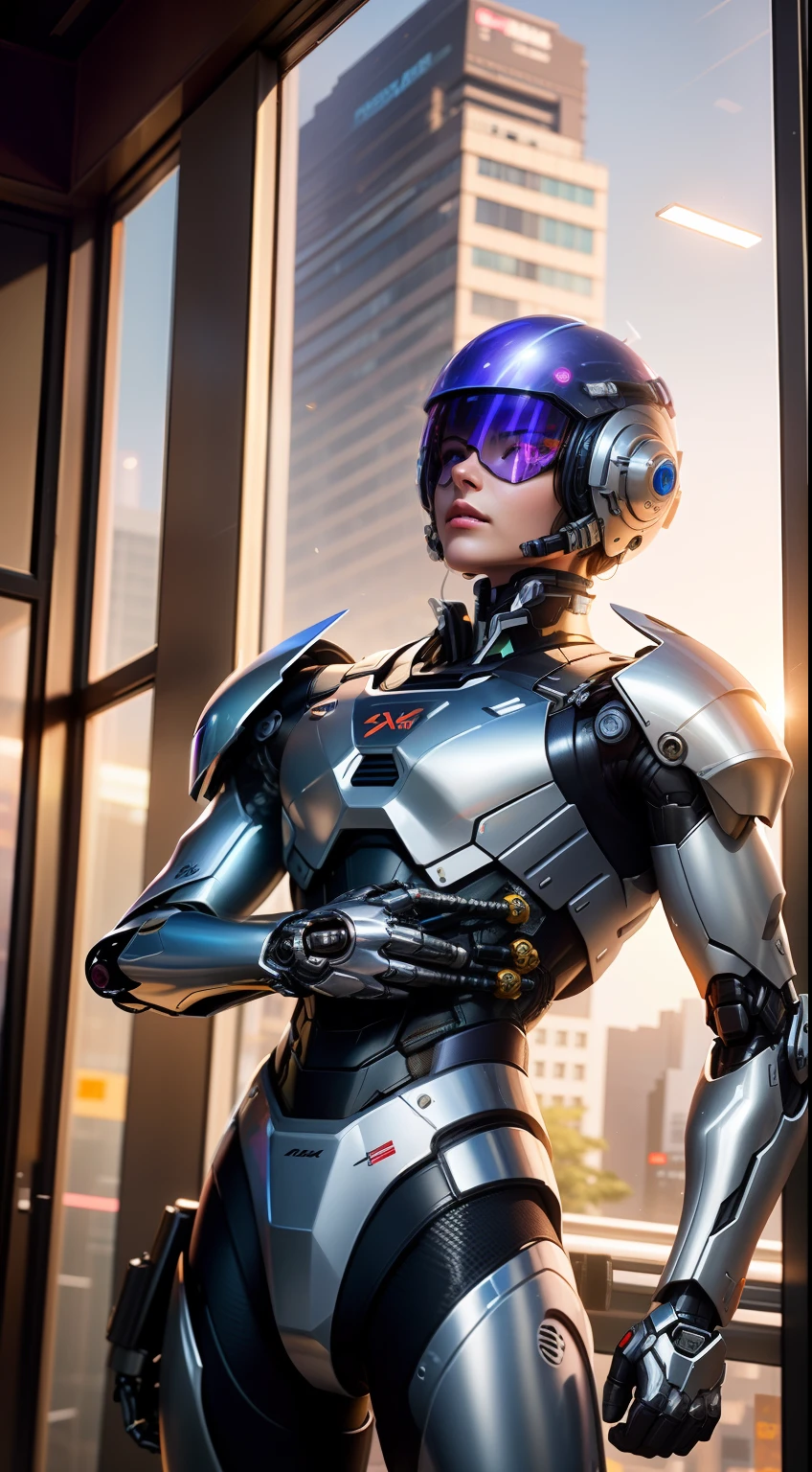 wearing her helmet ,
Araki man in futuristic suit standing in front of the window, cyberpunk art inspired by Yanjun Cheng, Trend of CGsociety, neoism, cybersuit, cyber suit, Man in mecha cyber armor, cyber suit, diverse cybersuits, Mecha suit, anime robots, movie still of a cool cyborg, covered in full metal armor