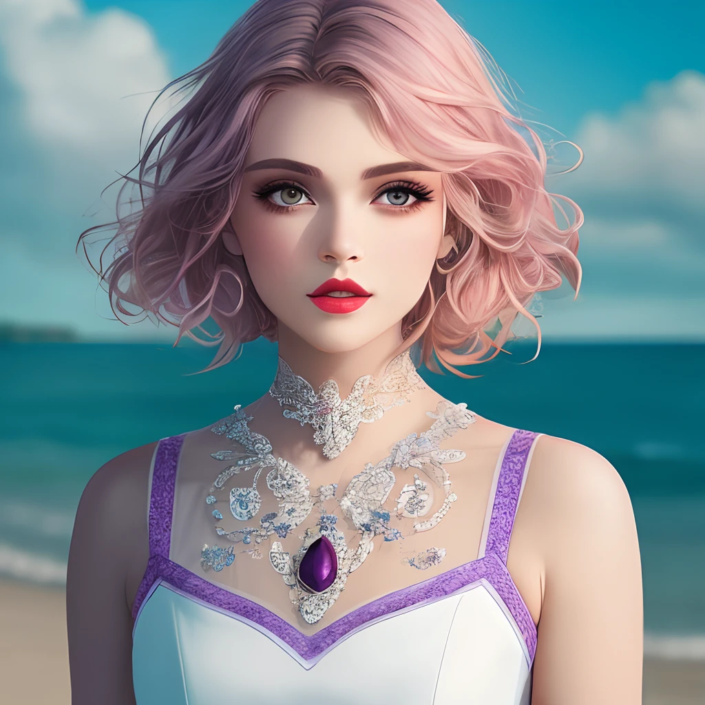 The third keyword:beachside,a sense of atmosphere,White skin of the,Day comic feeling,Girly,lamplight,Good light,Beautuful Women,Smooth hair,Messy hair,4k画质,Gorgeous Light and Shadows,dingdall effect,Halo,Messy hair,Juvenile,Peerless beauty,with brown eye,Defined eyelashes,Pink-purple blended blush,adolable,quadratic element,White gauze dress,intricate detailed clothes,Pink lips,There is light in the eyes,high high quality,tmasterpiece,A masterpiece