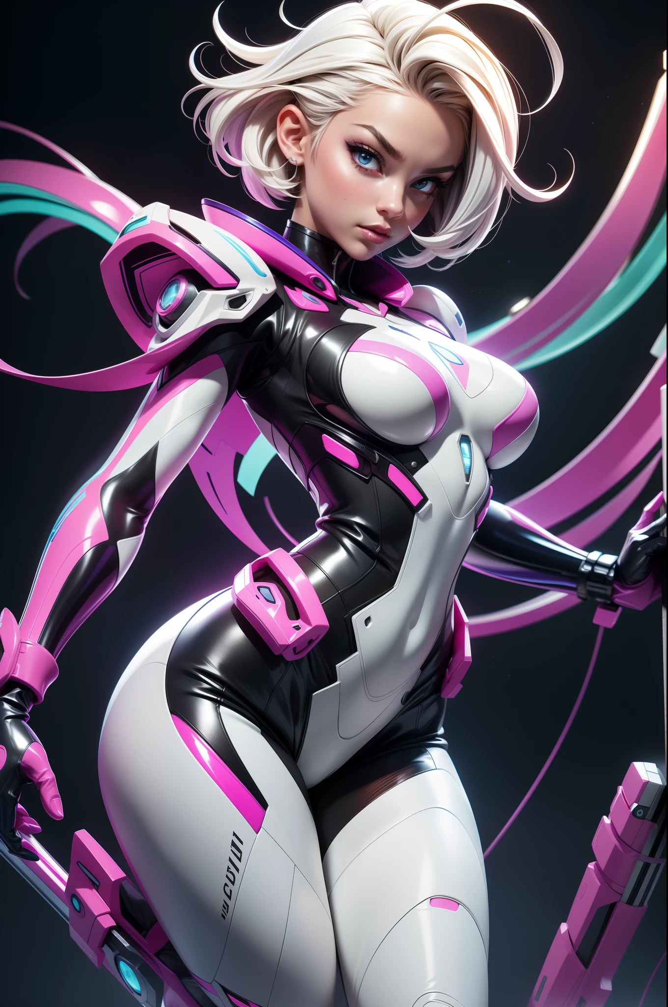 full body picture Unreal Engine 5 8K UHD of beautiful woman，with short white hair，Dress colorful neon color tight futuristic latex spider woman cosplay。，Latex swimwear，Sexy action，Wait for slow breasts，Muscular figure，Swimsuits that rarely cover the skin，latex glove，Wear purple glass，耳Nipple Ring，Piercing of lips Perforated，Modern age city，best qualityer，tmasterpiece，8K UHD wallpaper