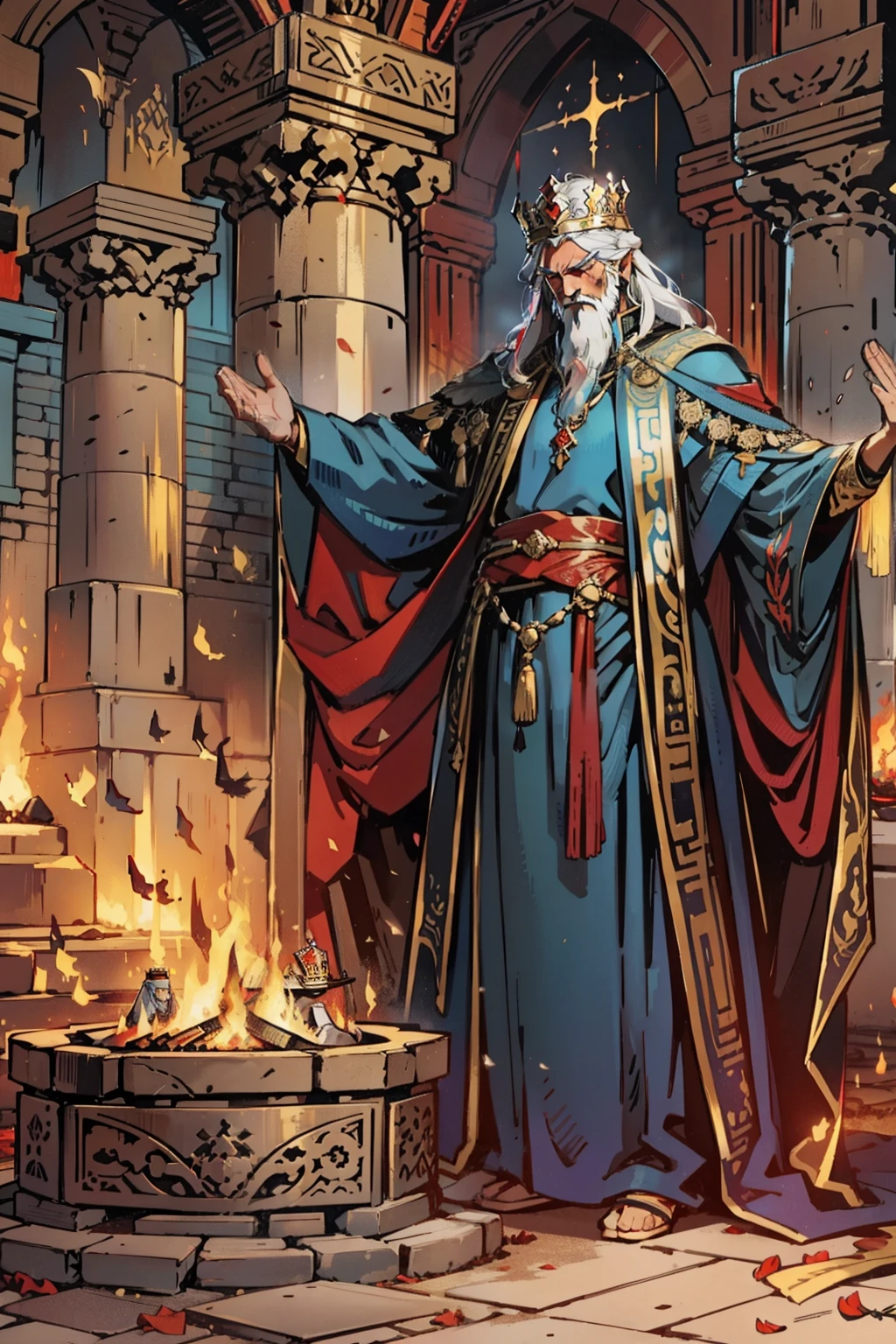 A 50-year-old Persian king with a crown and long white hair stands inside a large fire temple, rotating in a blue cloak as he prays near a grand round fireplace.