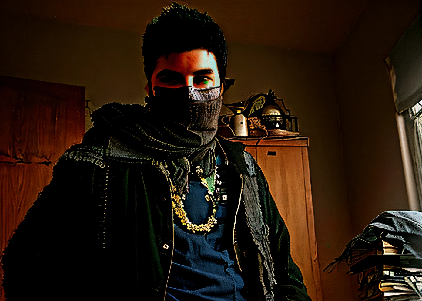 Man wearing a scarf and jacket standing in a room, wearing bandit mask, em torno de 1 9 anos, imagem de qualidade muito baixa, foto de perfil 1024px, Fotografado na webcam, rosto coberto, balaclava cobrindo o rosto, retrato!!!!, Foto de perfil, neckbeard, imagem antiga, balaclava, foto de perfil, vestindo demobaza fashion