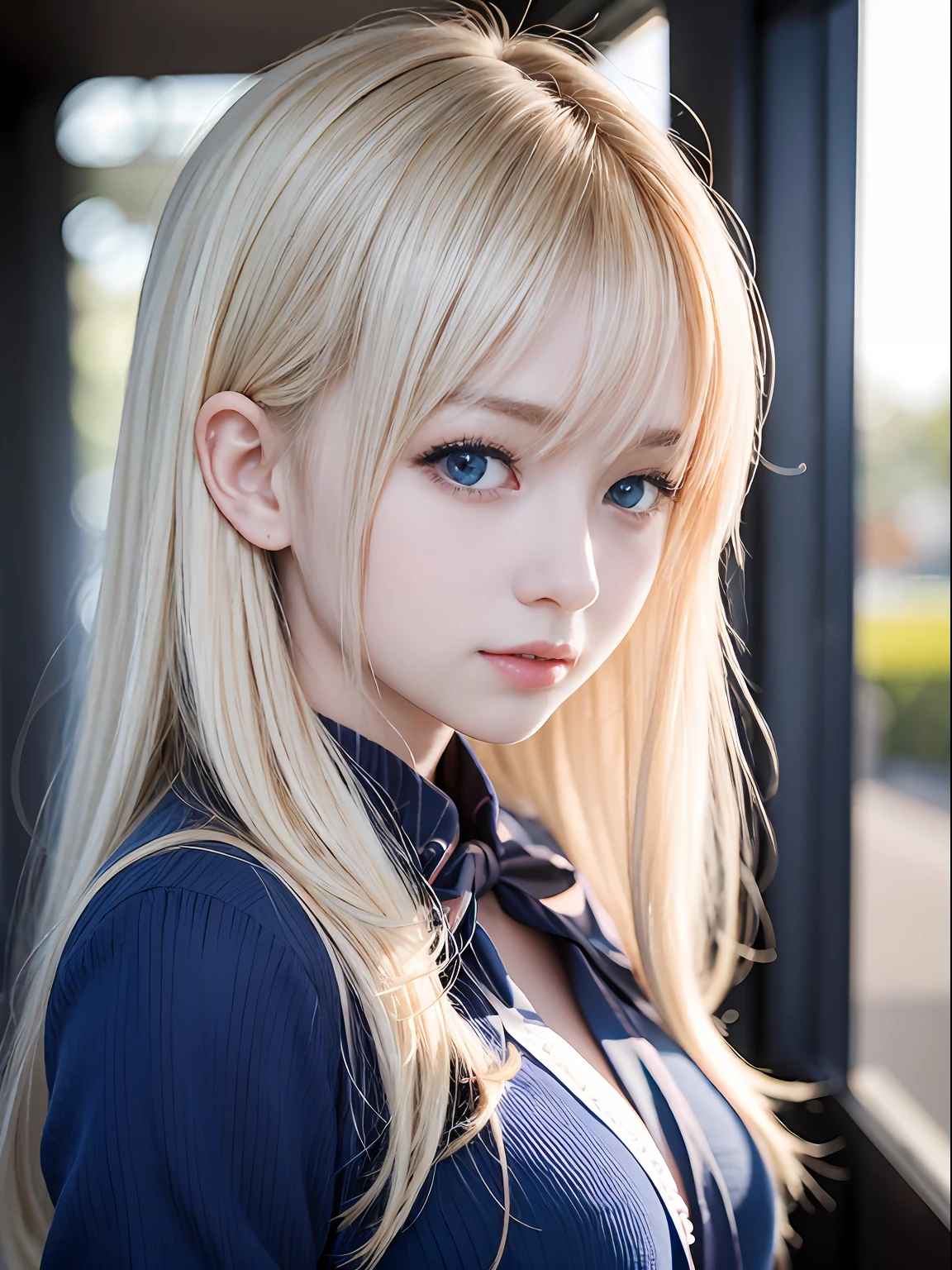 portlate、School Uniforms、bright expression、Young shiny shiny white shiny skin、Best Looks、Blonde reflected light、Platinum blonde hair with dazzling highlights、shiny light hair,、Super long silky straight hair、Beautiful bangs that shine、Glowing crystal clear attractive big blue eyes、Very beautiful nice cute 16 year old girl、Lush bust、