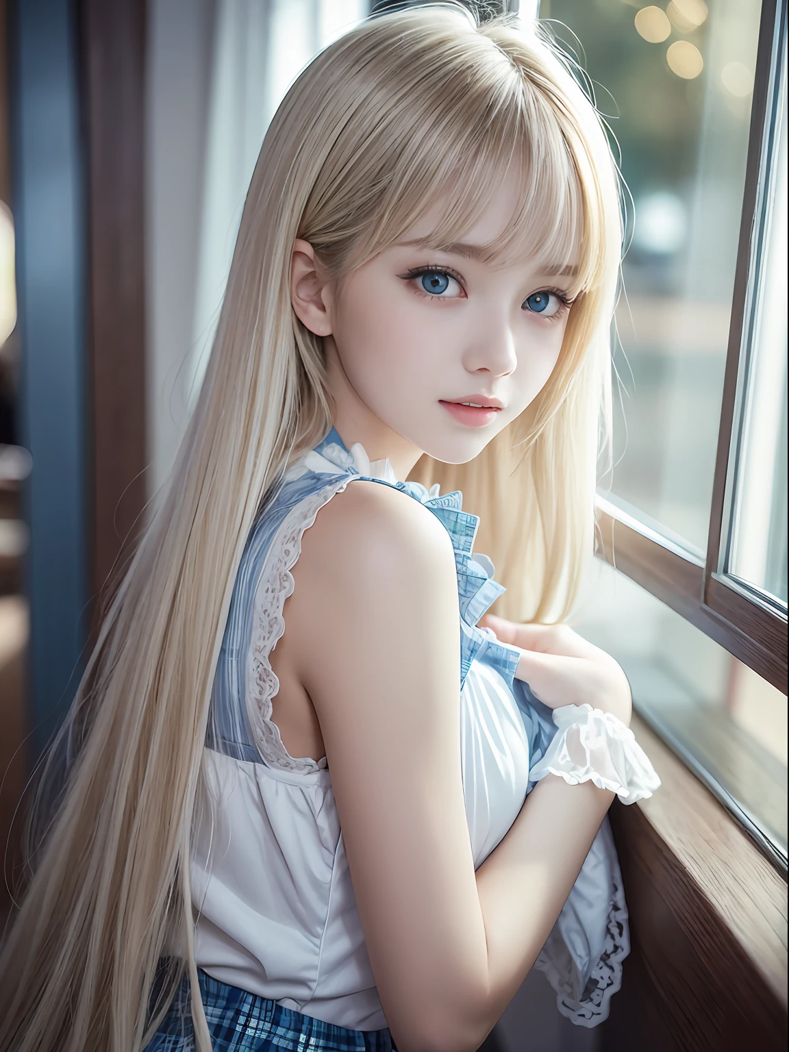 portlate、School Uniforms、bright expression、Young shiny shiny white shiny skin、Best Looks、Blonde reflected light、Platinum blonde hair with dazzling highlights、shiny light hair,、Super long silky straight hair、Beautiful bangs that shine、Glowing crystal clear attractive big blue eyes、Very beautiful nice cute girl、Lush bust、