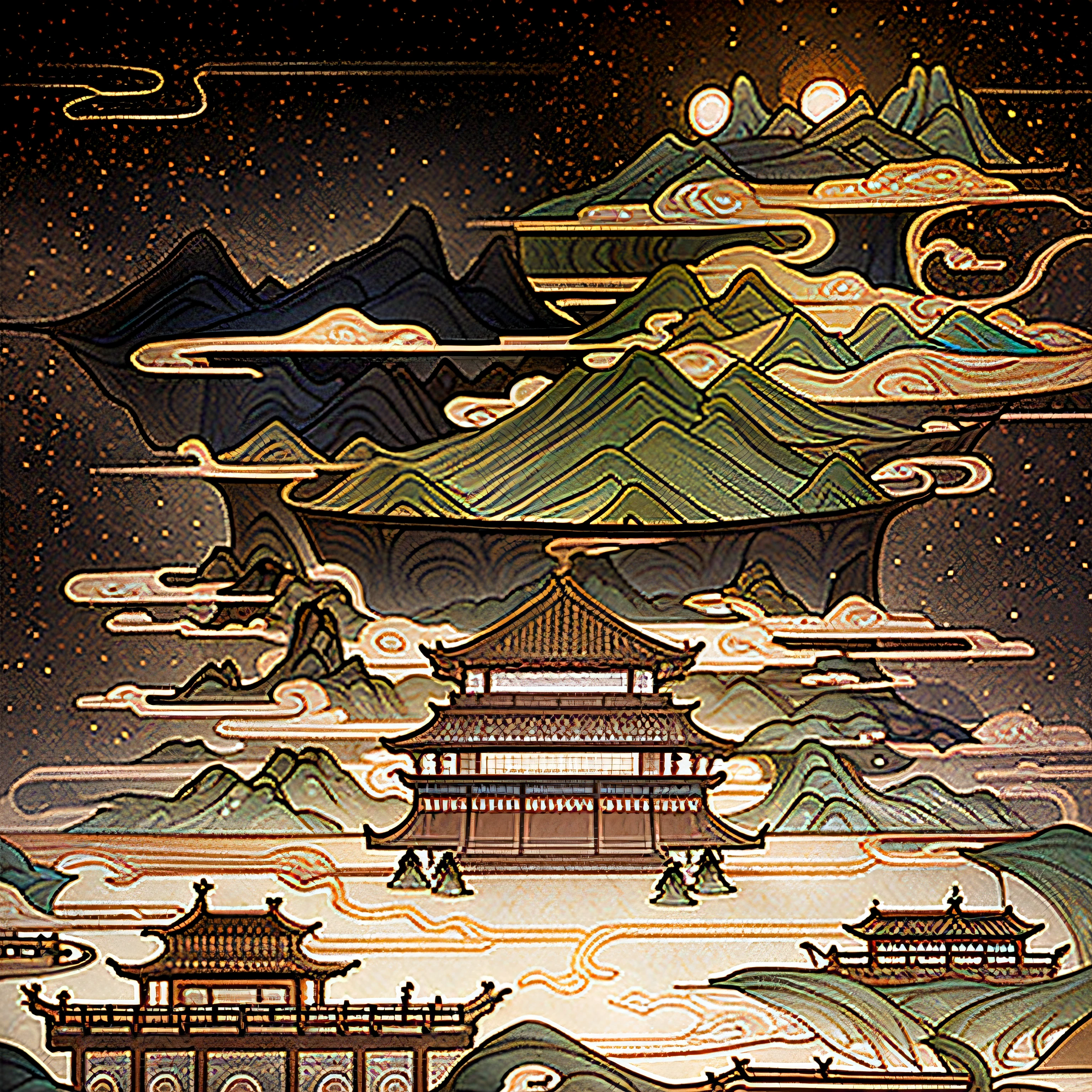 An ancient Chinese painting, ancient Chinese background, mountains, rivers, auspicious clouds, pavilions, sunshine, masterpieces, super detail, epic composition, ultra HD, high quality, extremely detailed, official art, unified 8k wallpaper, Super detail, 32k -- v 6