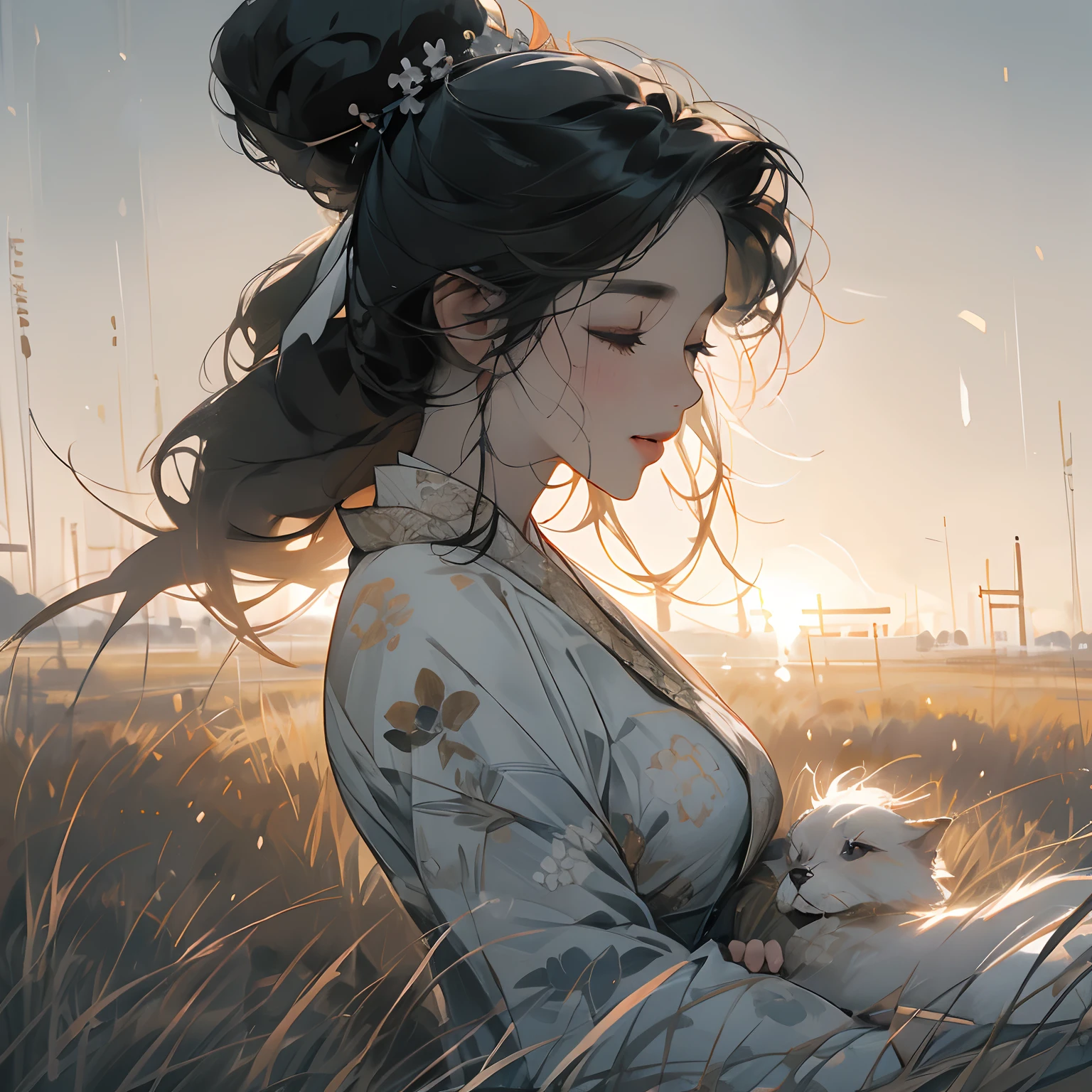 ((A woman lying on the grass，A pastoral dog jumps on the side))，Gorgeous light gauze hanfu，Laughing expression，Separate bangs，Ponytail hairstyle，耳Nipple Ring，dynamic blur，Fog shrouded，Detailed representation，，Ray traching，Third Person View，ink wash style，8K