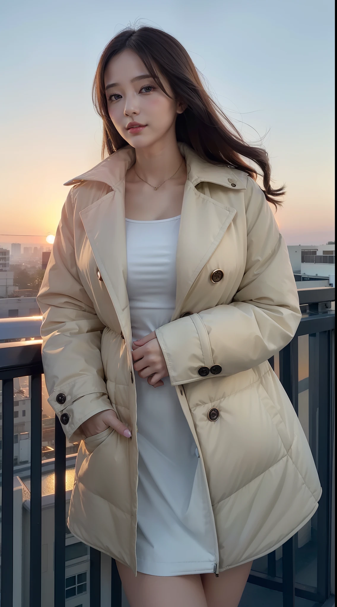 ((top-quality、8K、masterpiece:1.3))、voluptuous woman、1girl in、(Slender figure:1.2)、dark brown hair、hyperdetailed face、Detailed lips、A detailed eye、二重まぶた、(huge-breasted:1.2)、、Random attire、random place、、Plain clothe、Dressing、(ssmile:1.4)、(Sunset from the balcony:1.2)、Look like a country girl with a quilted jacket and boots。